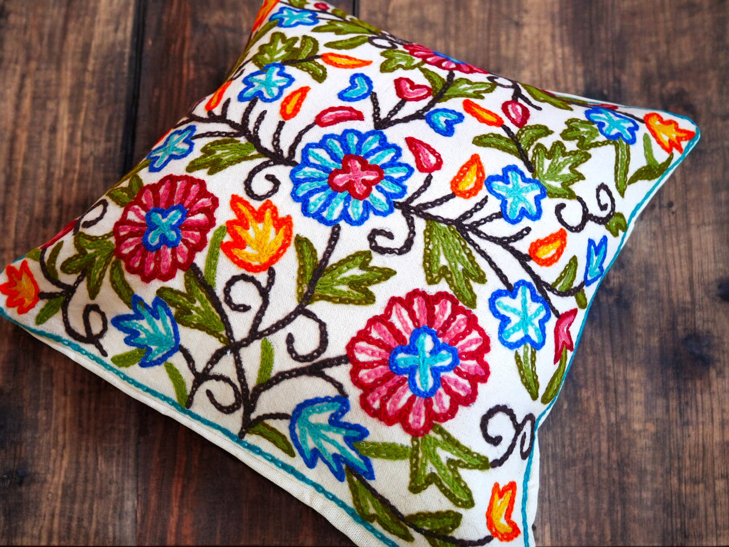 Colorful Kashmiri Crewel Pillow Covers: Handcrafted by Artisans 16x16 inches