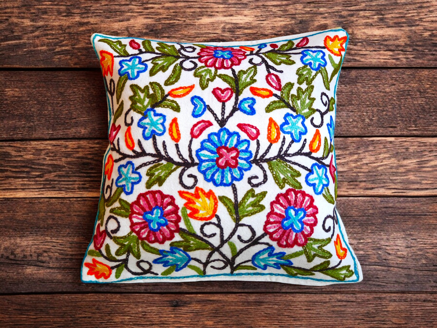 Colorful Kashmiri Crewel Pillow Covers: Handcrafted by Artisans 16x16 inches