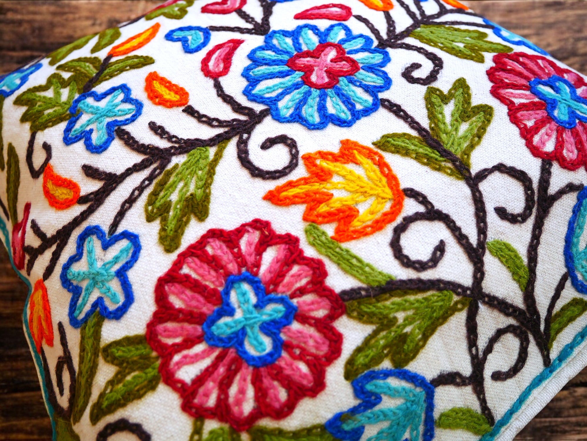 Colorful Kashmiri Crewel Pillow Covers: Handcrafted by Artisans 16x16 inches