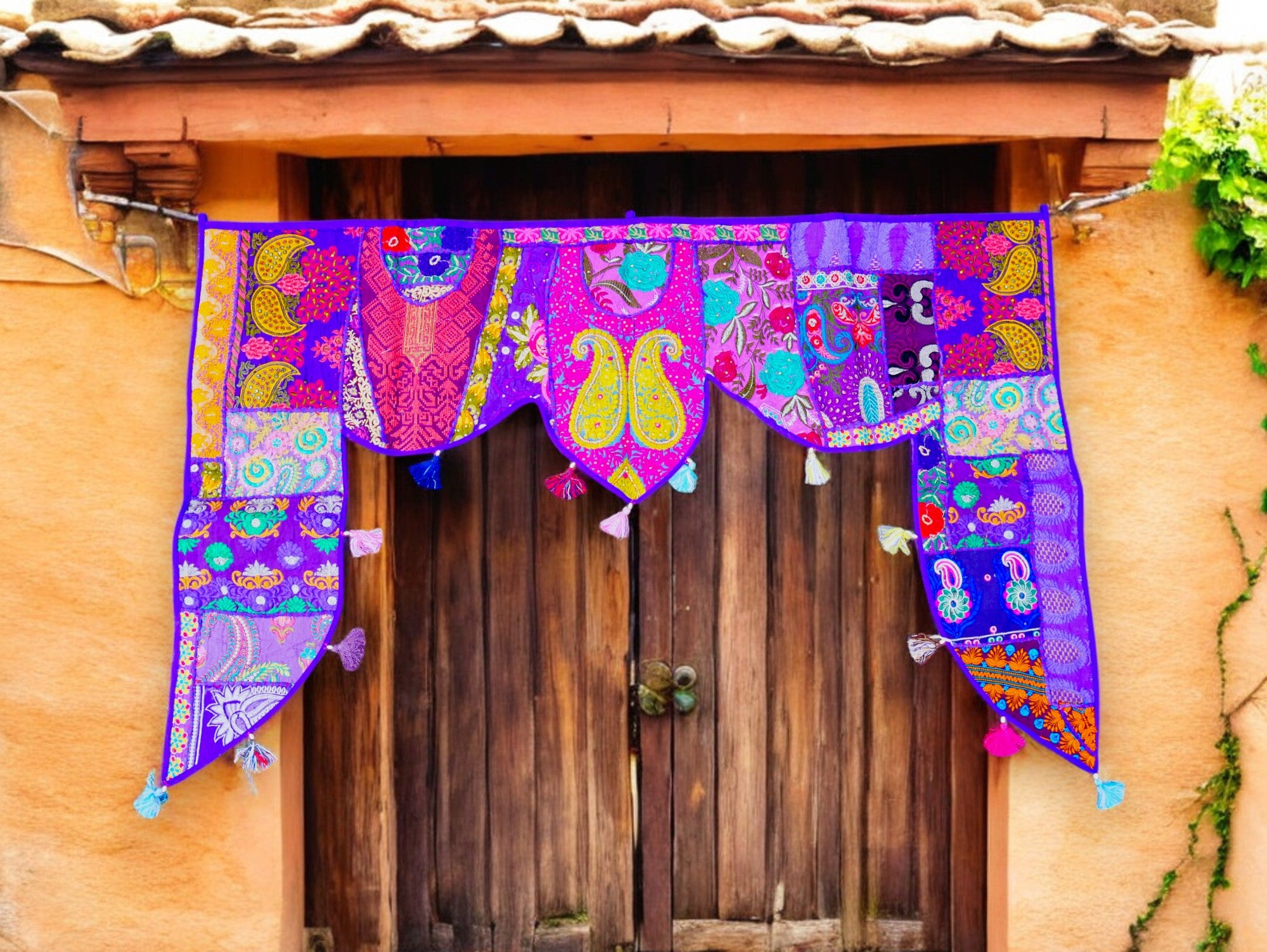 Colgadura de puerta india - Toran - tapiz de pared púrpura para decoración de pared bohemia y hogares hippies