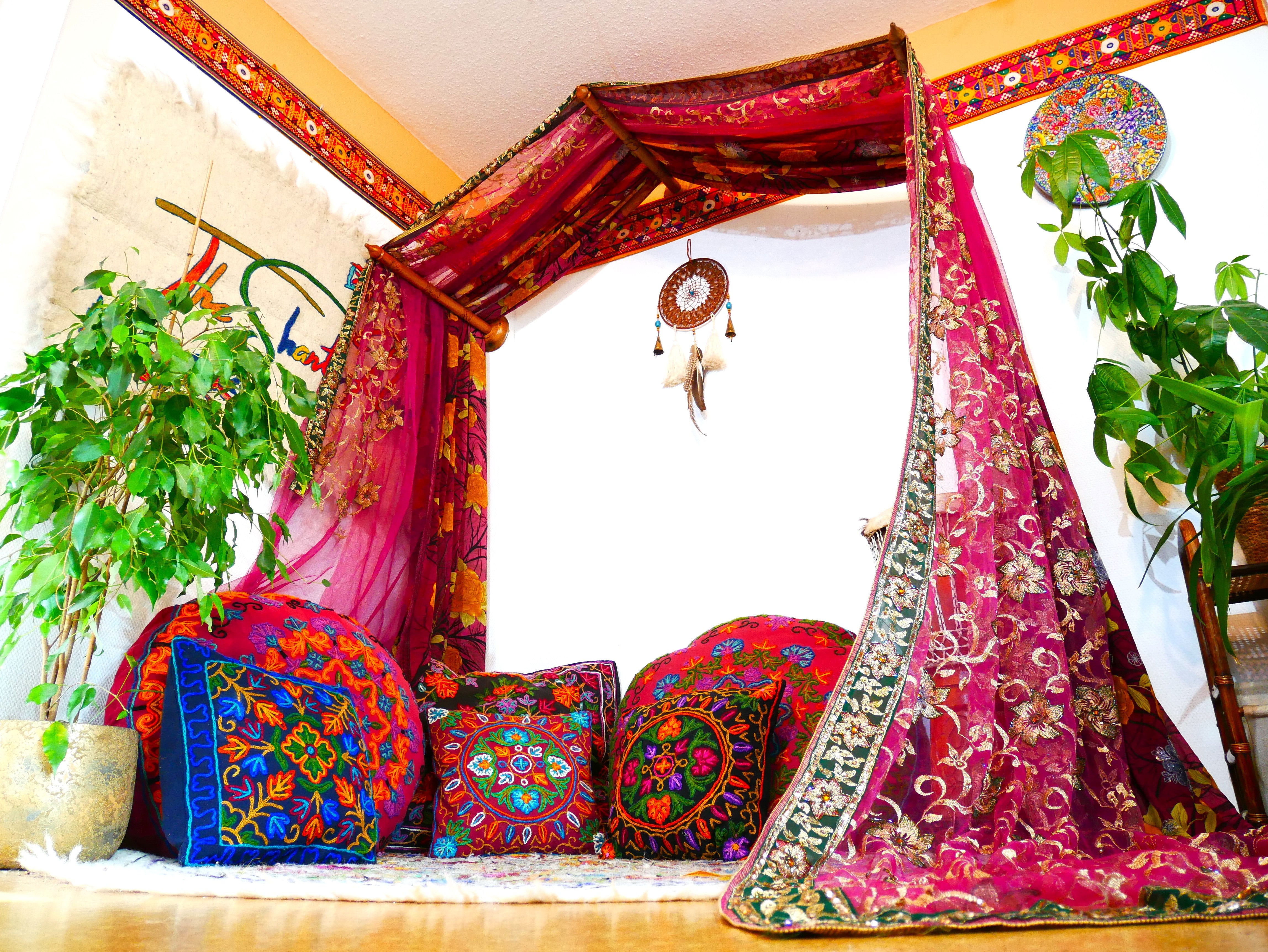 Saree Bed canopy - with handcrafted walnut wood rods and vintage Indian sarees - The Shanti Home