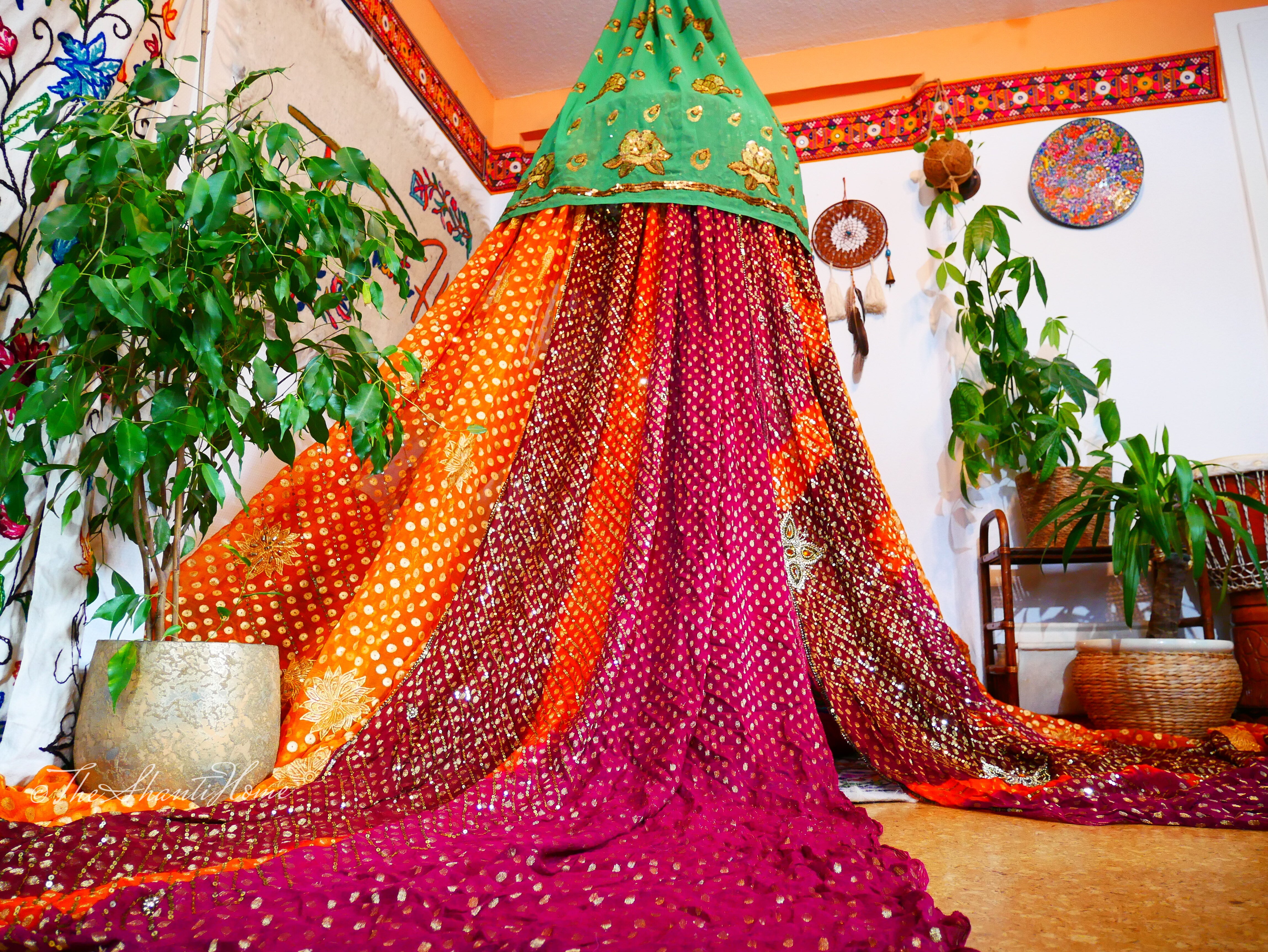 Wedding Saree canopy - Boho Hanging Tent- bed canopy  | bohemian wedding backdrop - Hippie decor - floor seating area | meditation room - Shanti baldachin - The Shanti Home