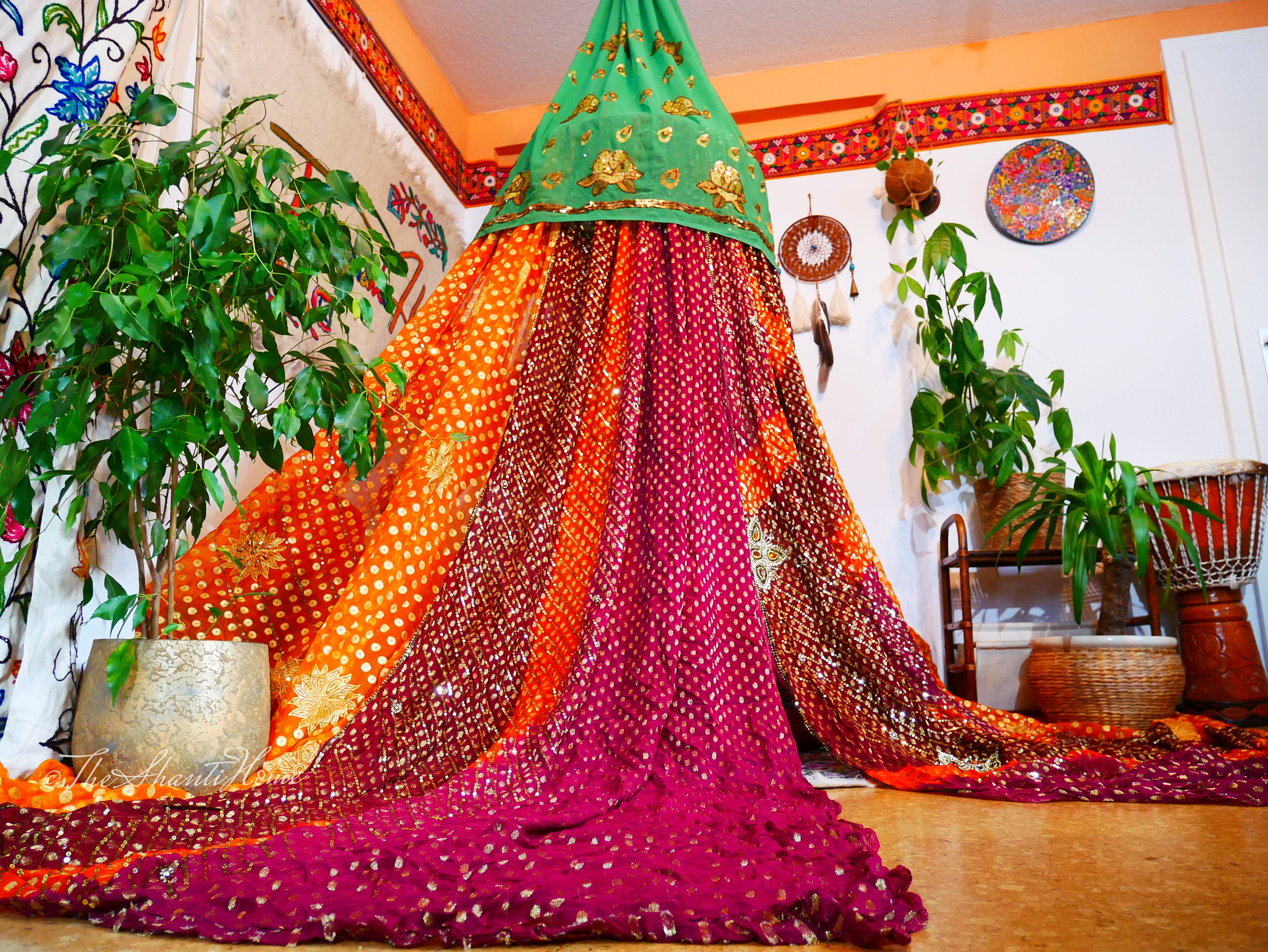 Wedding Saree canopy - Boho Hanging Tent- bed canopy  | bohemian wedding backdrop - Hippie decor - floor seating area | meditation room - Shanti baldachin - The Shanti Home