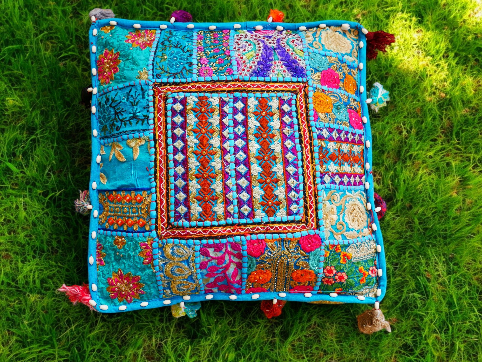 Funda de cojín de suelo Rajastani de 16" | Cojín de meditación - Cojín decorativo para asientos indios bohemios de suelo