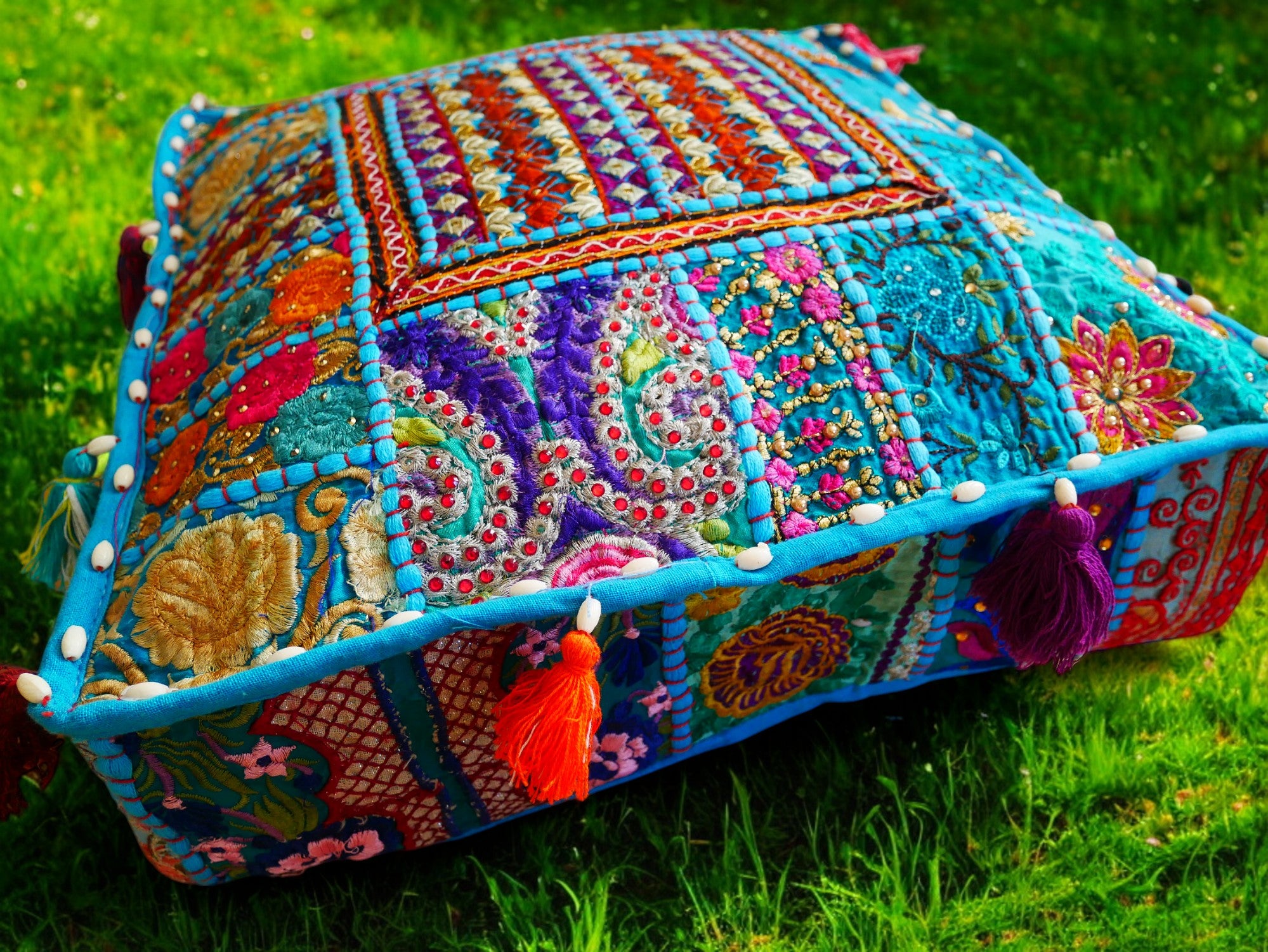 Funda de cojín de suelo Rajastani de 16" | Cojín de meditación - Cojín decorativo para asientos indios bohemios de suelo