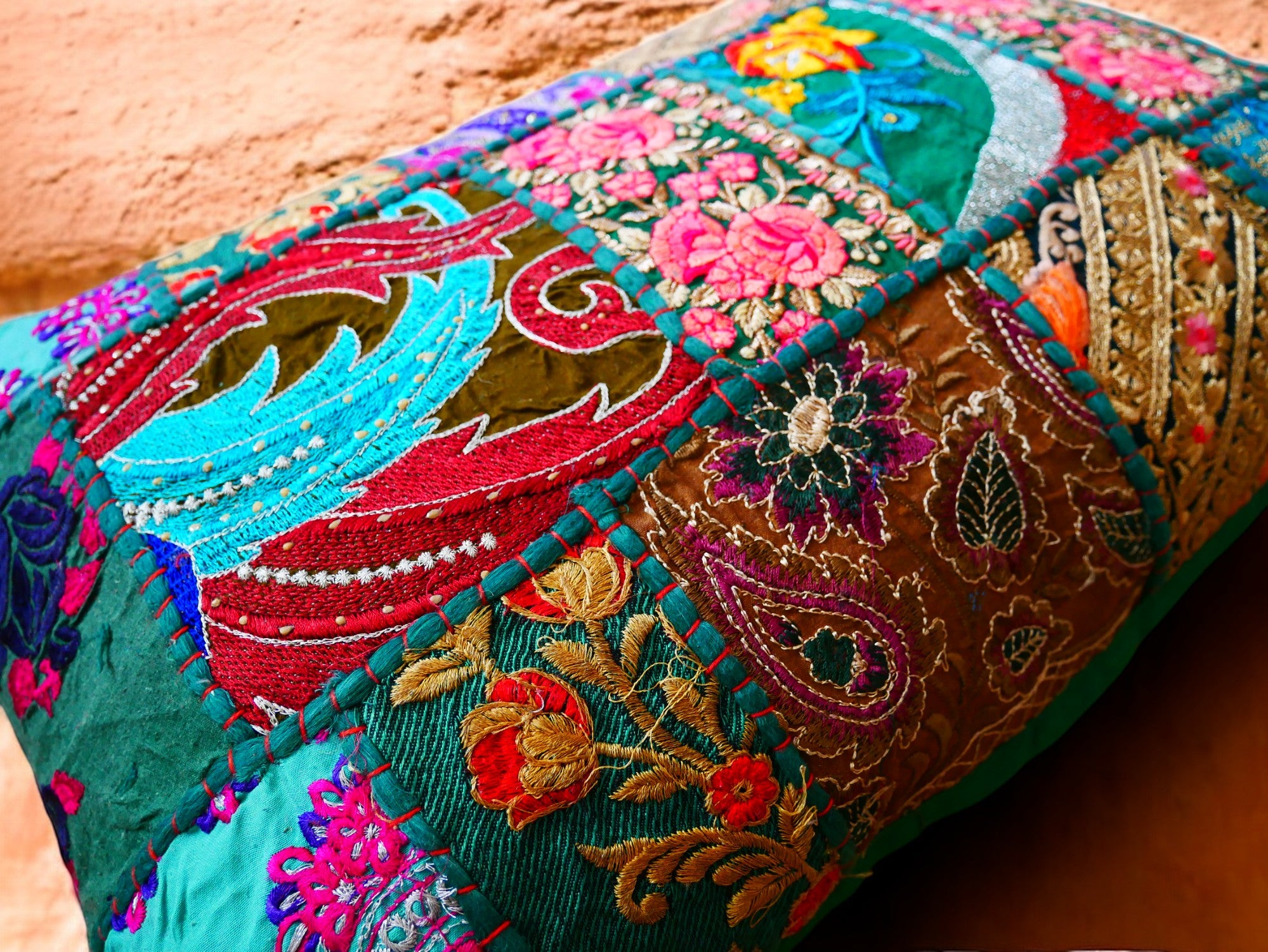 Colorful throw pillow - Indian patchwork cushion cover hippie chic | colorful, decorative pillow case for bohemian decor | patchwork pillow hippie cushion COVER