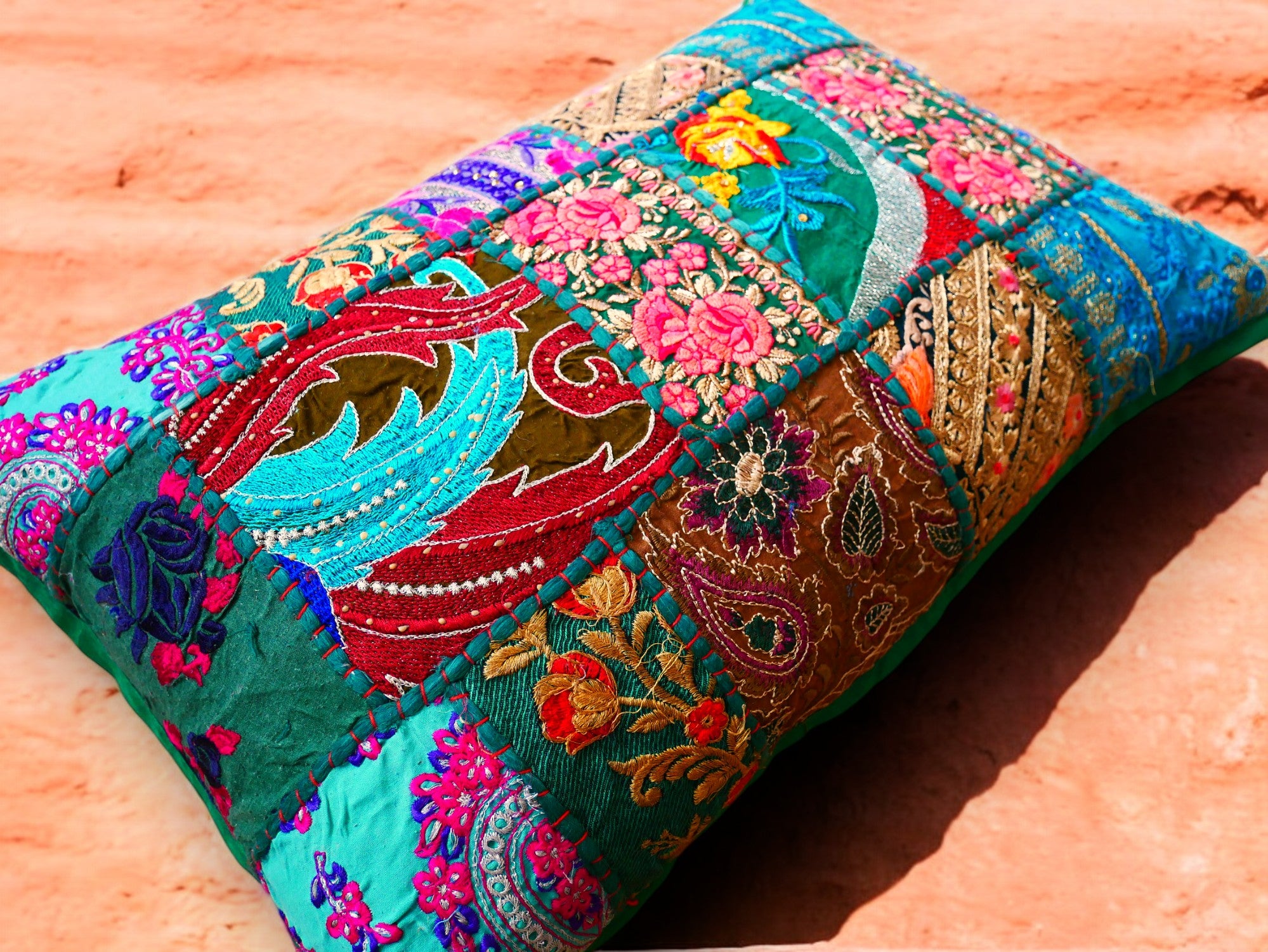 Colorful throw pillow - Indian patchwork cushion cover hippie chic | colorful, decorative pillow case for bohemian decor | patchwork pillow hippie cushion COVER