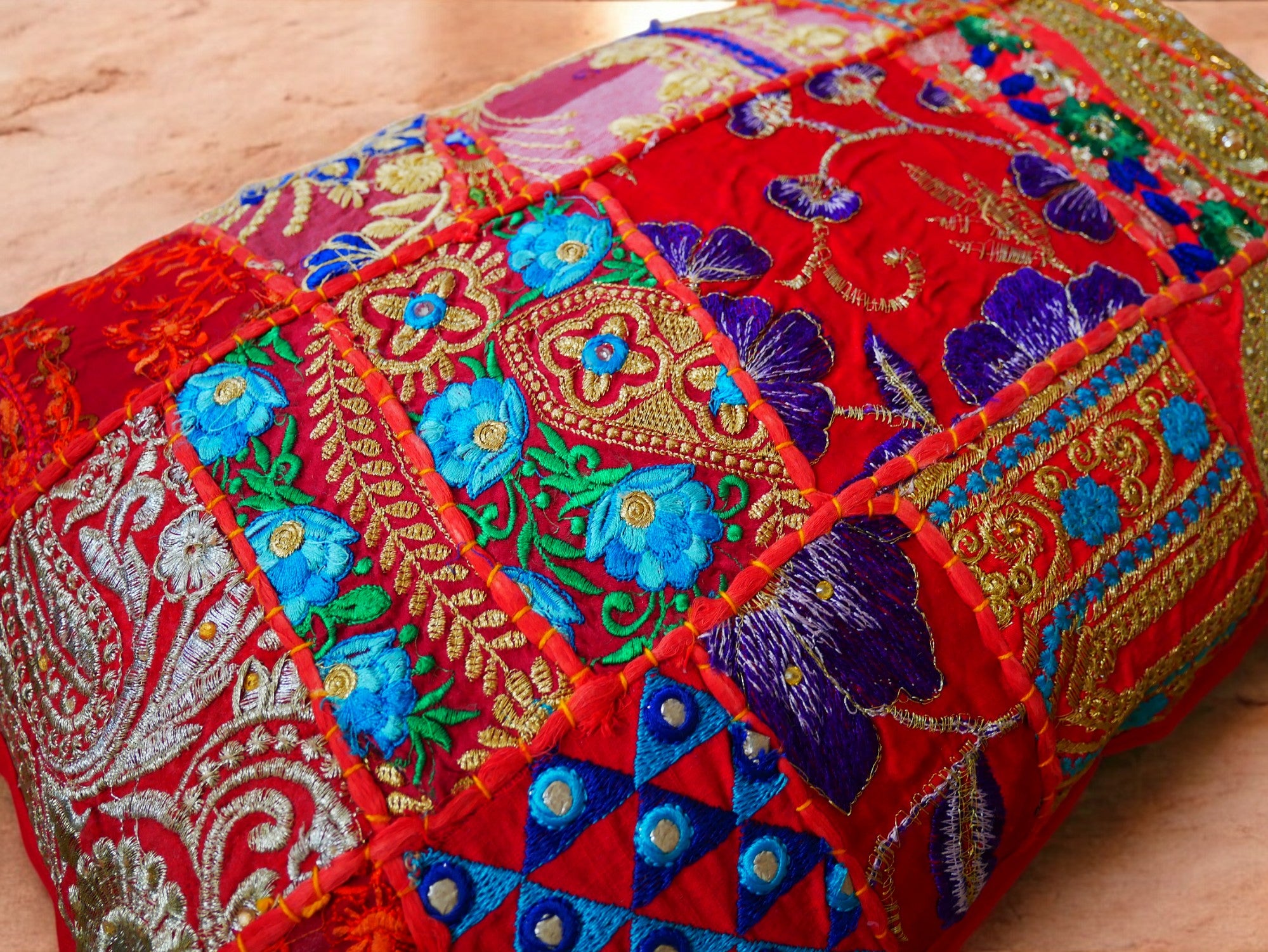 Orange throw pillow - Indian patchwork cushion cover hippie chic | colorful, decorative pillow case for bohemian decor | patchwork pillow hippie cushion COVER