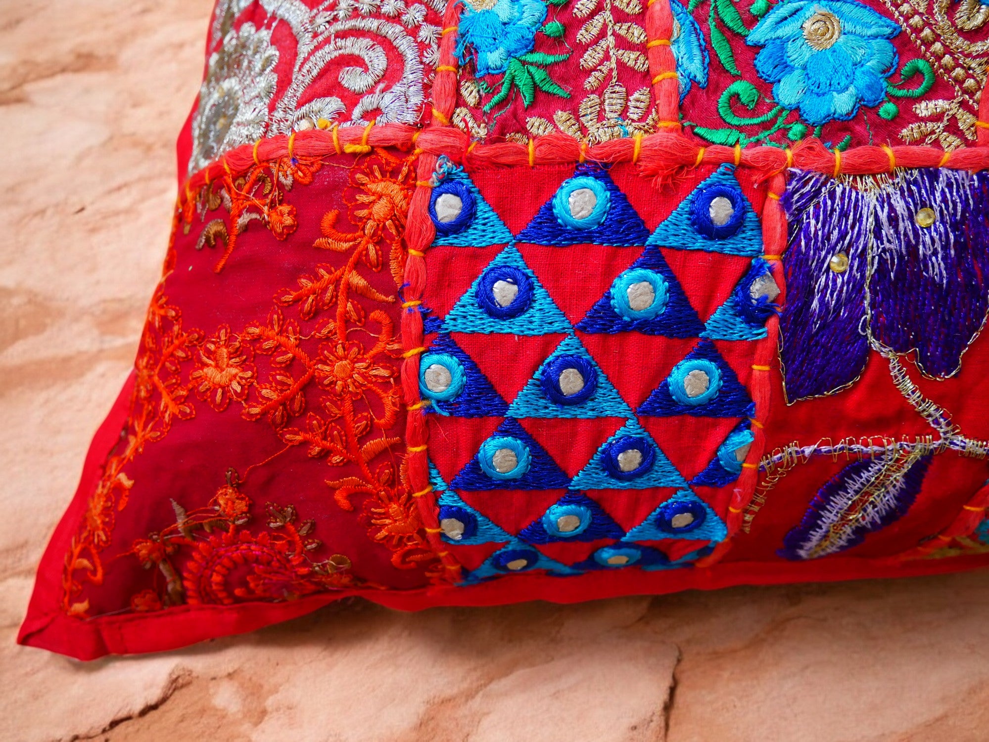 Orange throw pillow - Indian patchwork cushion cover hippie chic | colorful, decorative pillow case for bohemian decor | patchwork pillow hippie cushion COVER