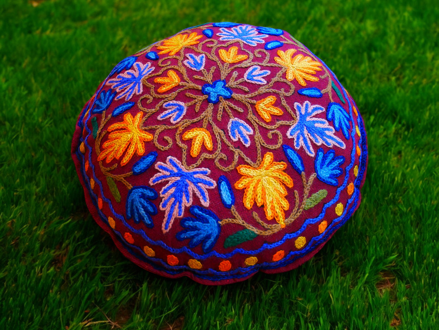 Kashmiri Meditation cushion Embroidery floor pillow cover, Hand embroidered flower Mandala - boho hippie floor seating | Cover only