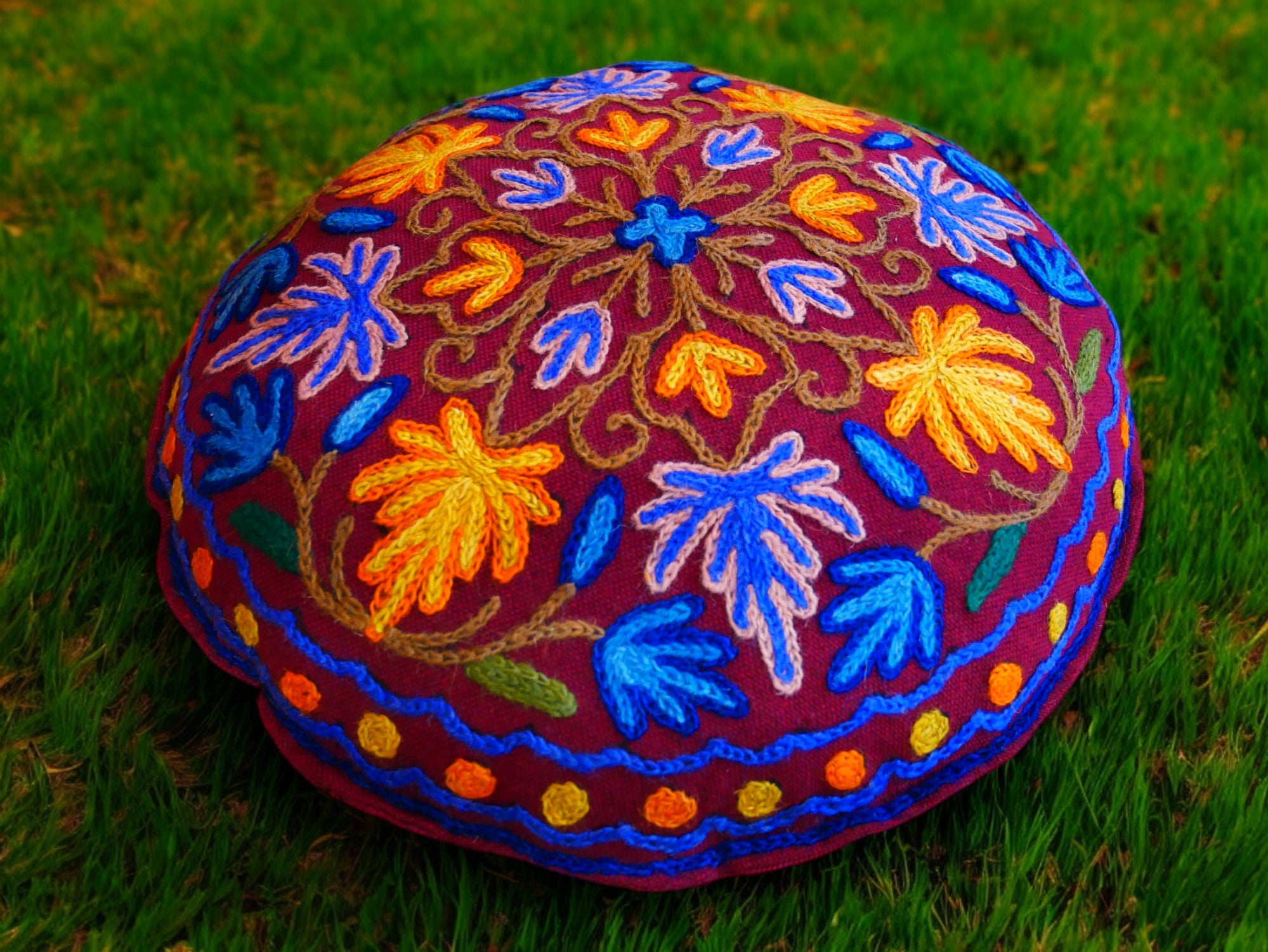 Kashmiri Meditation cushion Embroidery floor pillow cover, Hand embroidered flower Mandala - boho hippie floor seating | Cover only