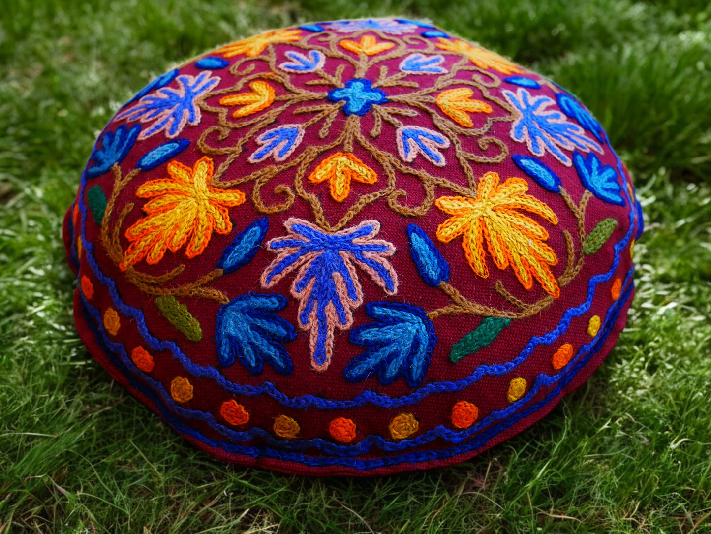 Kashmiri Meditation cushion Embroidery floor pillow cover, Hand embroidered flower Mandala - boho hippie floor seating | Cover only