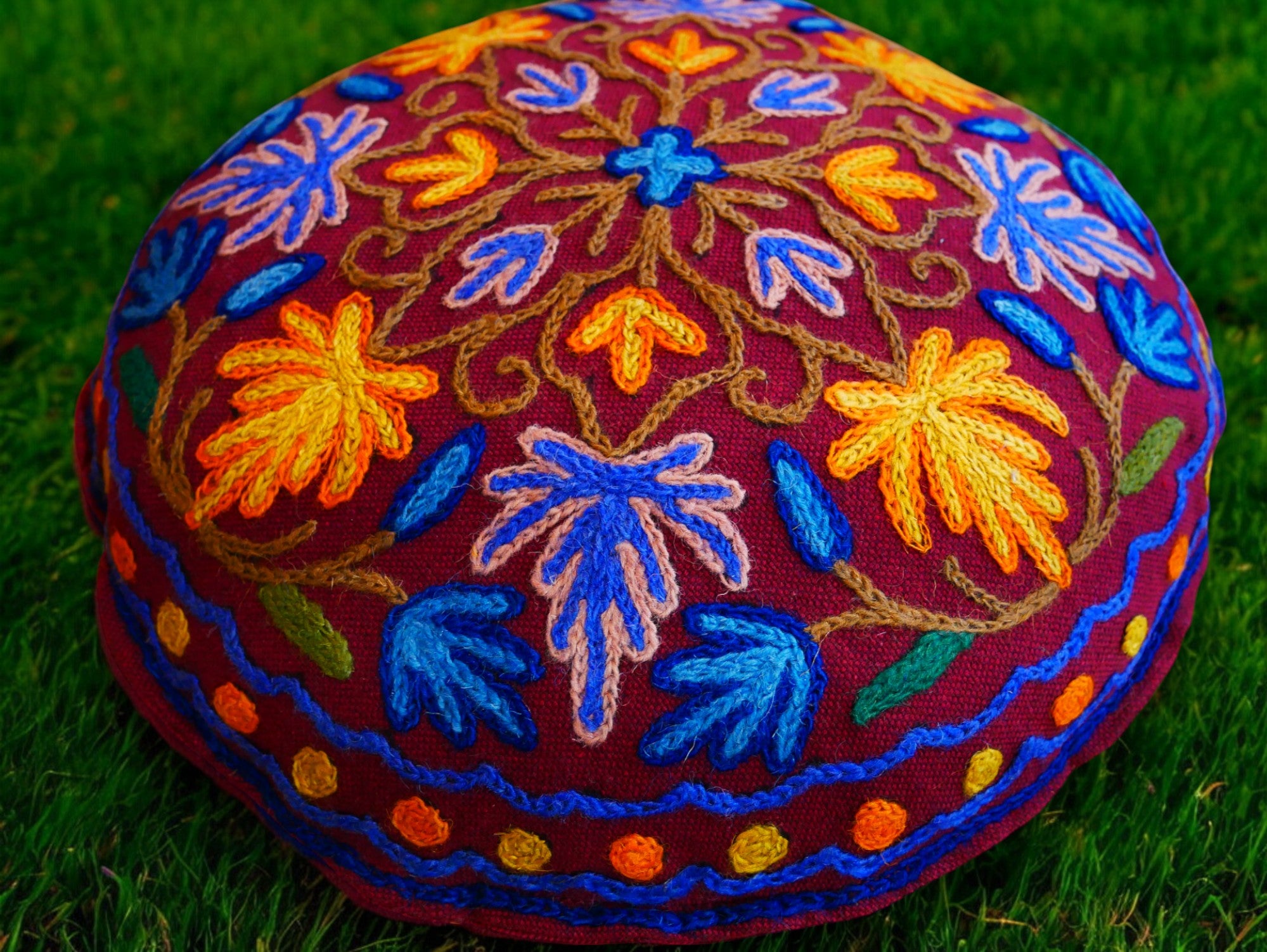 Kashmiri Meditation cushion Embroidery floor pillow cover, Hand embroidered flower Mandala - boho hippie floor seating | Cover only