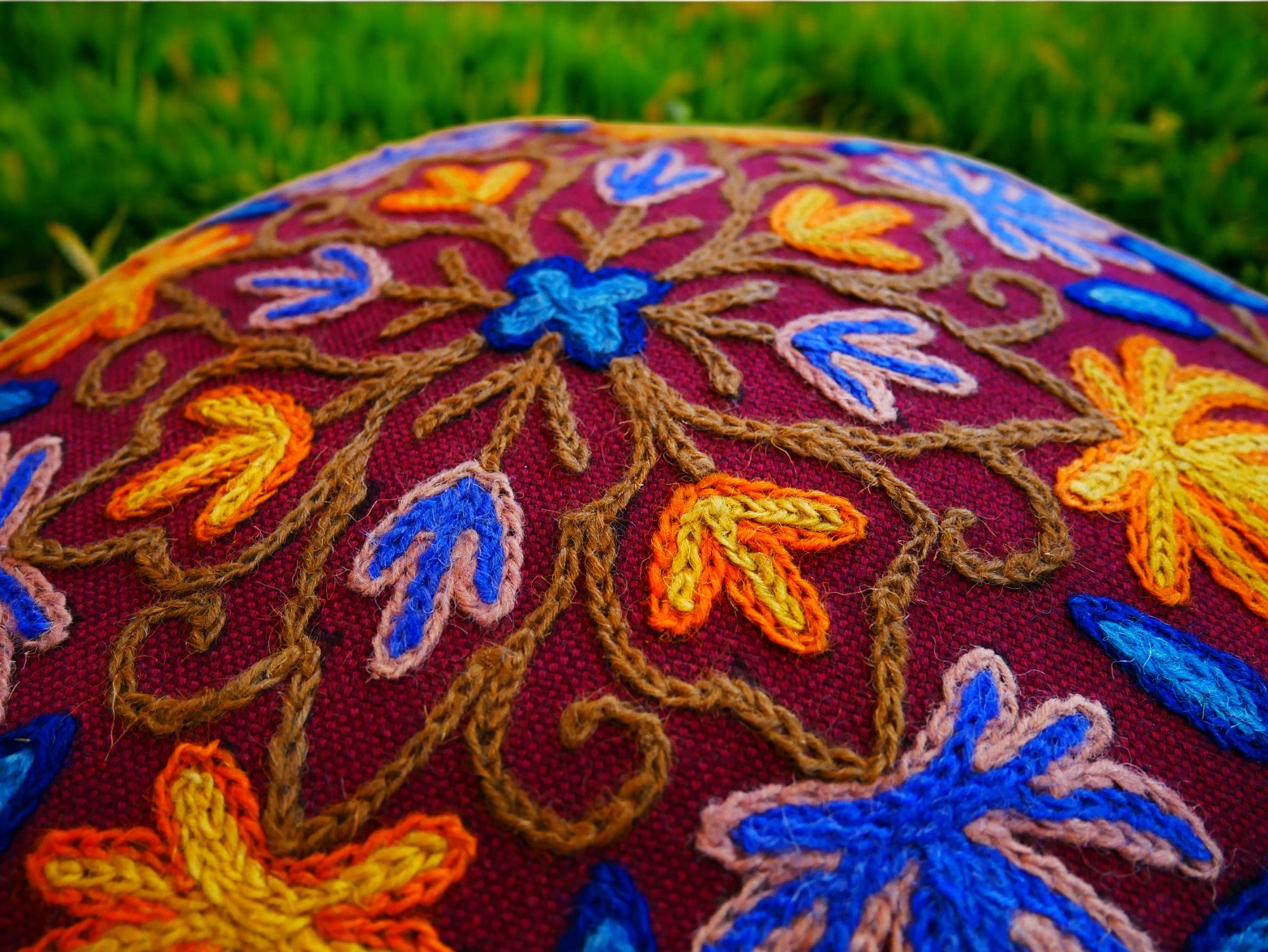 Kashmiri Meditation cushion Embroidery floor pillow cover, Hand embroidered flower Mandala - boho hippie floor seating | Cover only