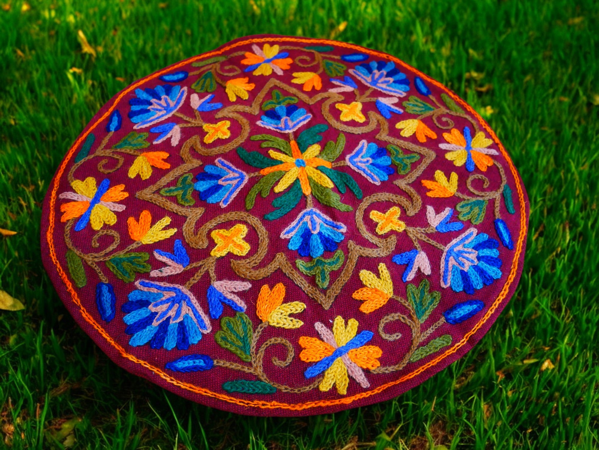 Kashmiri Meditation cushion Embroidery floor pillow cover, Hand embroidered flower Mandala - boho hippie floor seating | Cover only