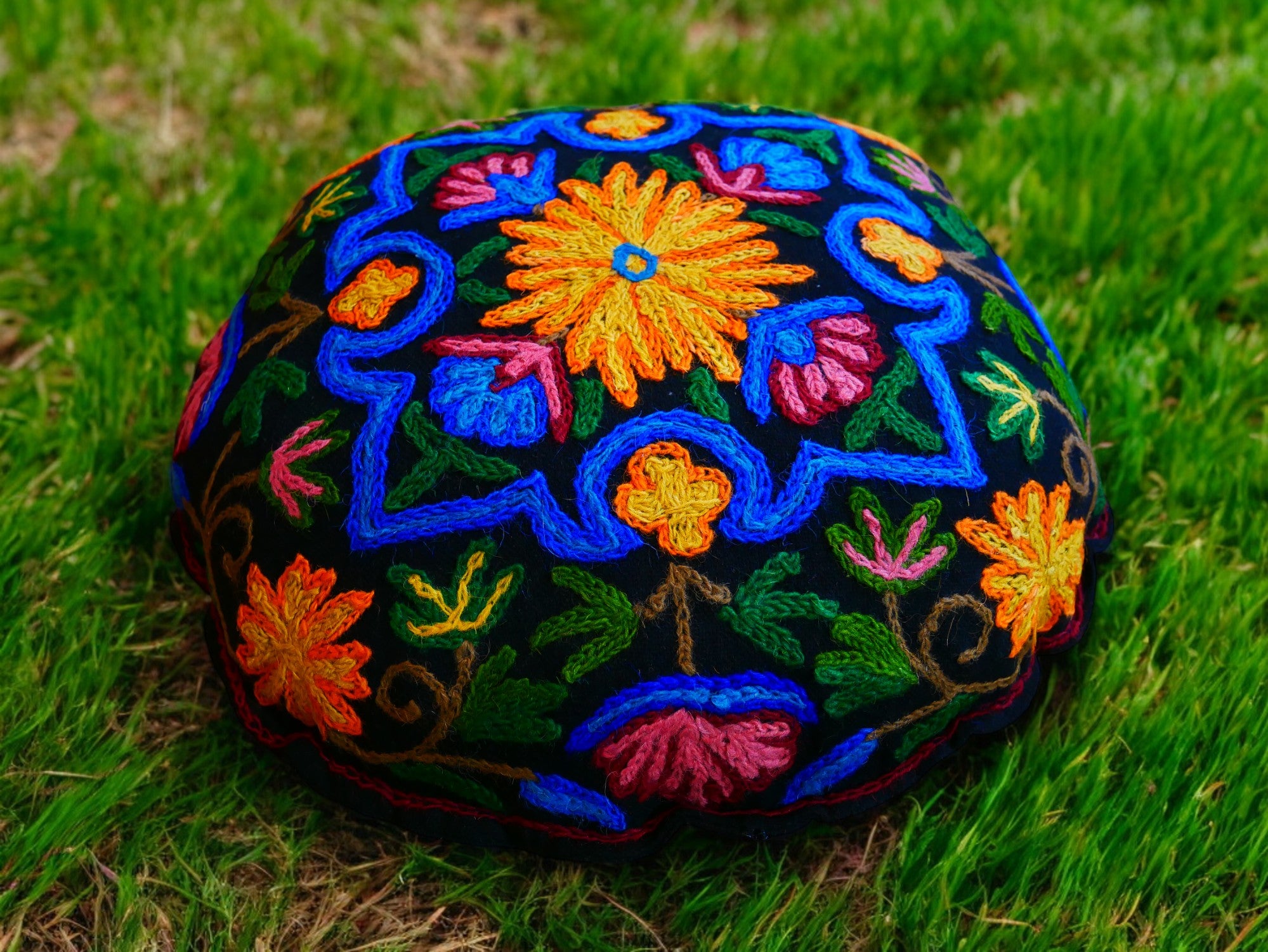 Kashmiri Meditation cushion Embroidery floor pillow cover, Hand embroidered flower Mandala - boho hippie floor seating | Cover only