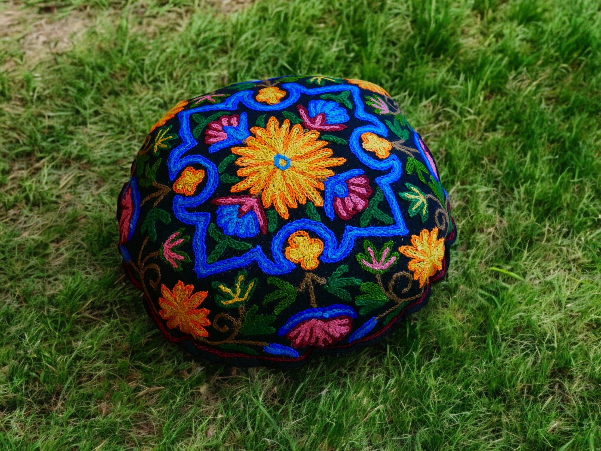Kashmiri Meditation cushion Embroidery floor pillow cover, Hand embroidered flower Mandala - boho hippie floor seating | Cover only