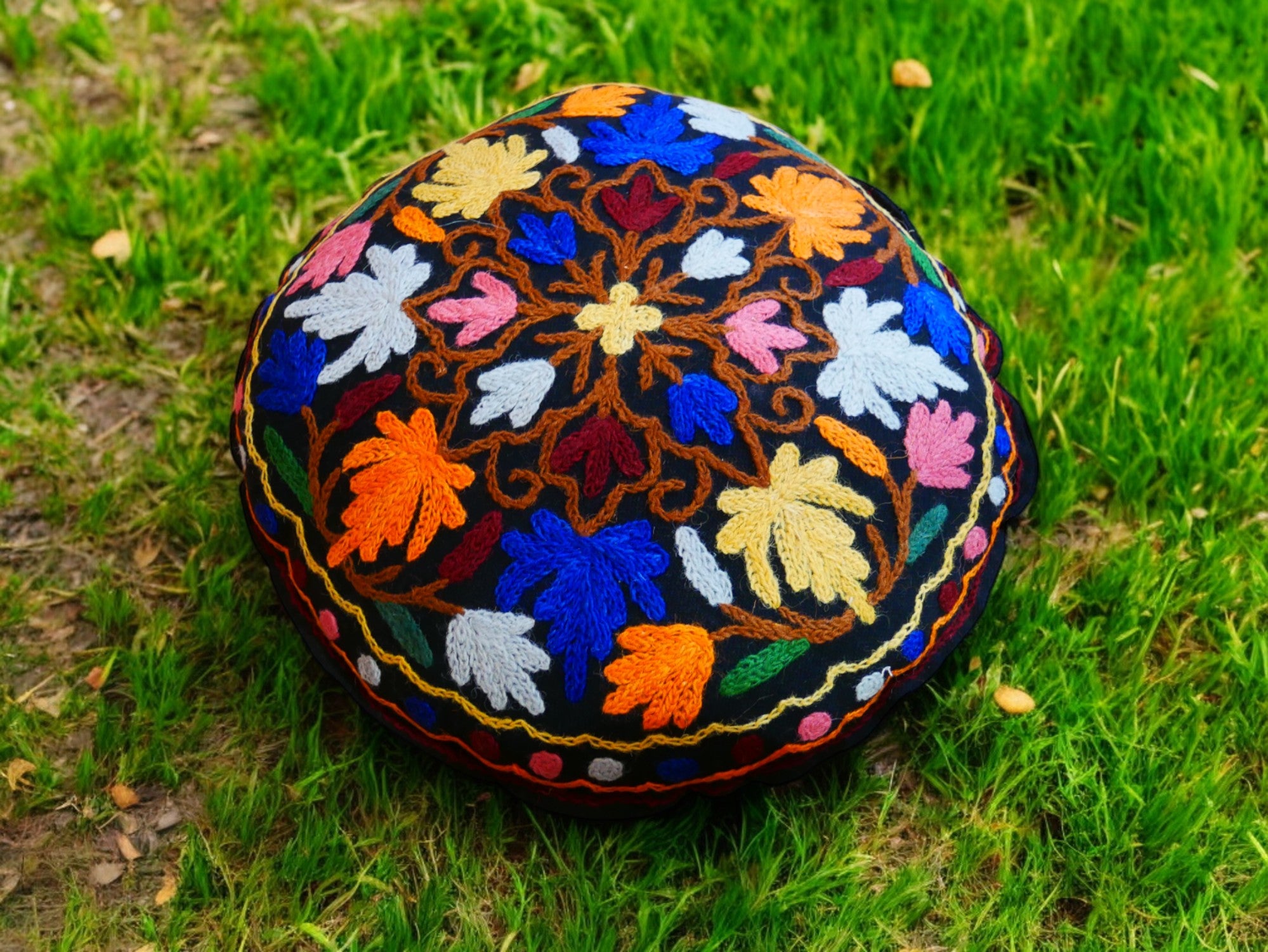 Kashmiri Meditation cushion Embroidery floor pillow cover, Hand embroidered flower Mandala - boho hippie floor seating | Cover only