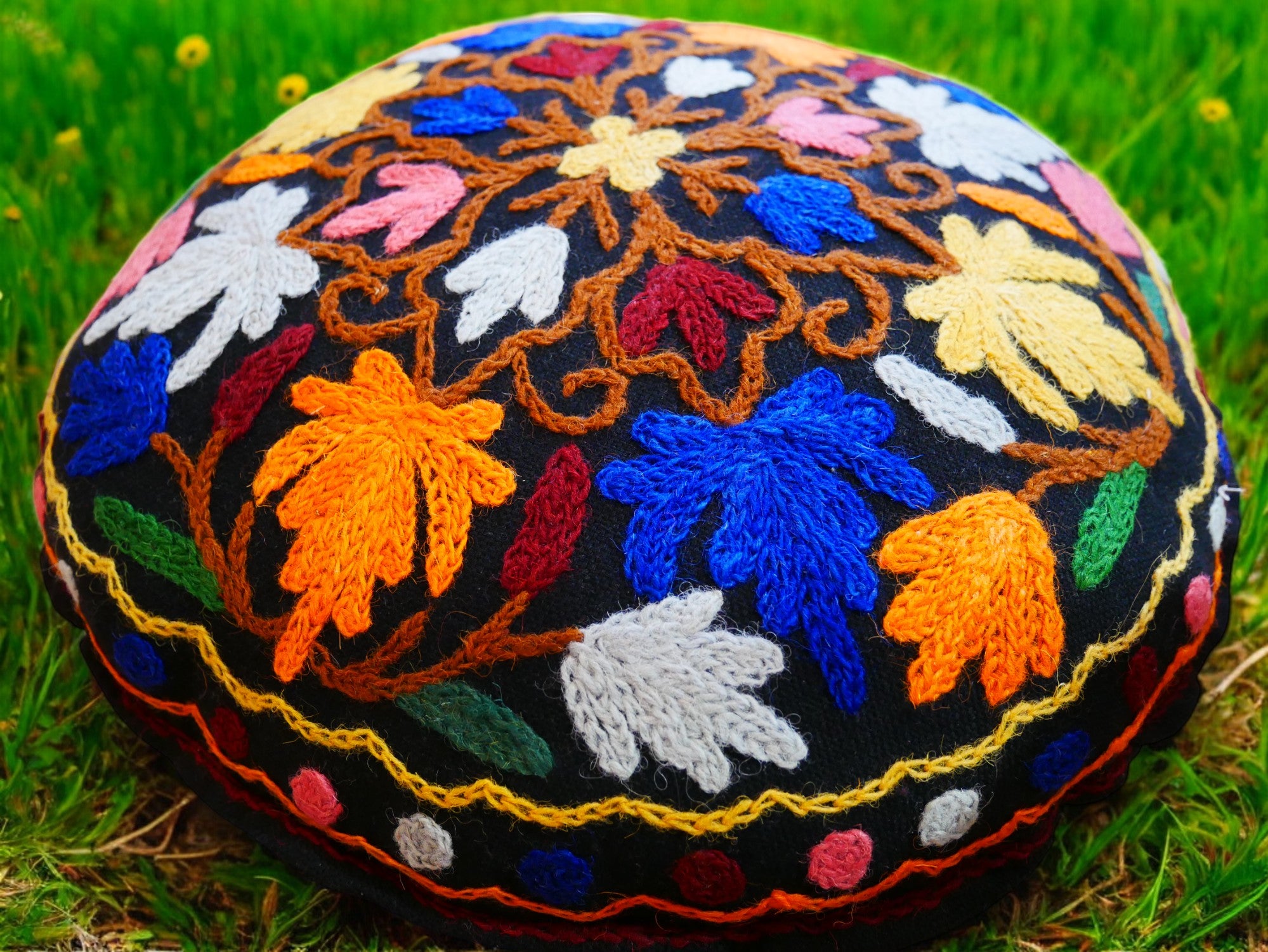 Kashmiri Meditation cushion Embroidery floor pillow cover, Hand embroidered flower Mandala - boho hippie floor seating | Cover only