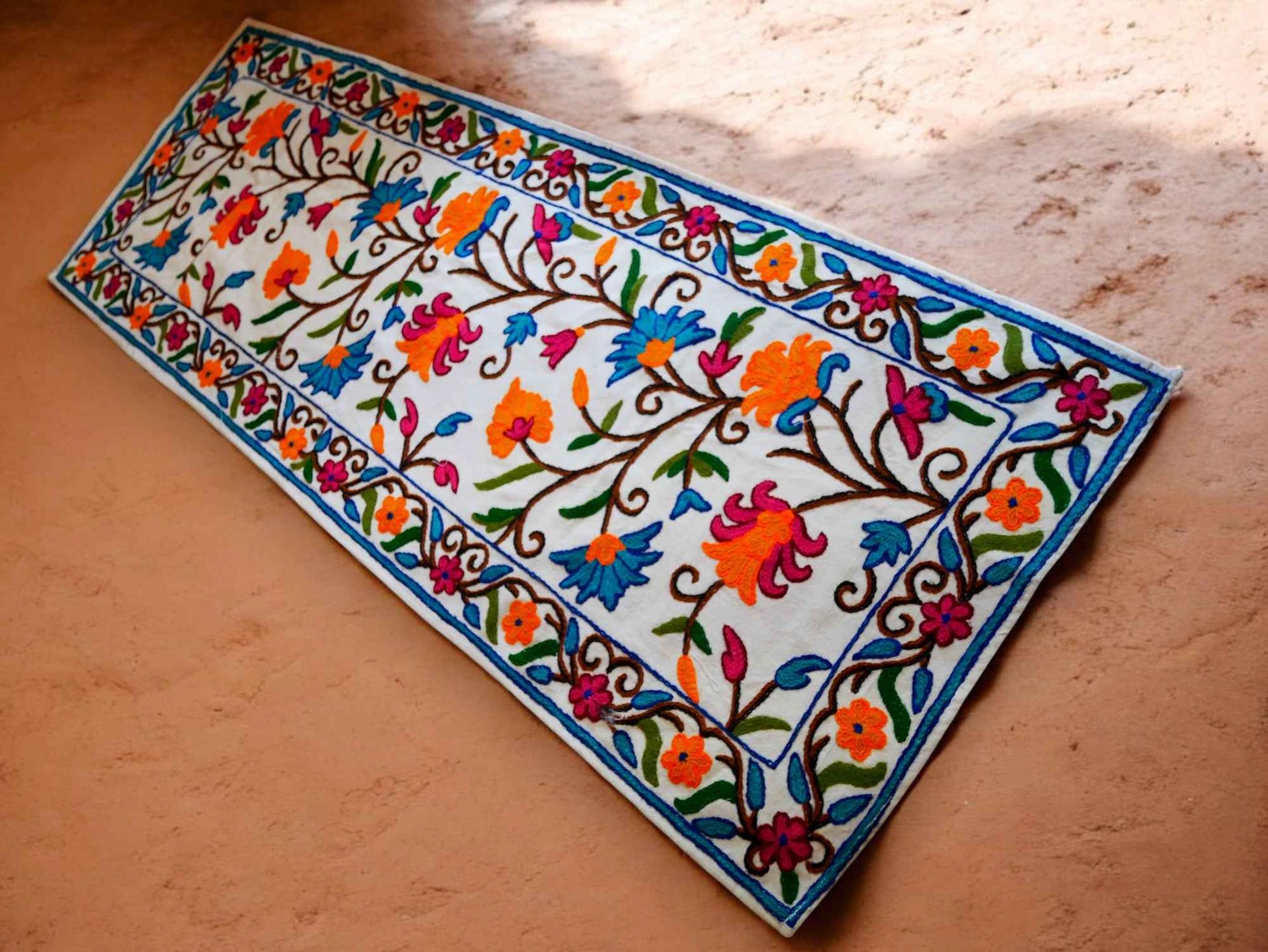 Kashmiri Crewel Embroidered Table Runner – Hand Embroidered Boho Table Decor or Wall Hanging