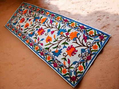 Kashmiri Crewel Embroidered Table Runner – Hand Embroidered Boho Table Decor or Wall Hanging