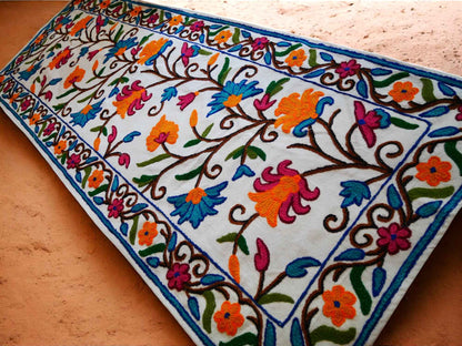 Kashmiri Crewel Embroidered Table Runner – Hand Embroidered Boho Table Decor or Wall Hanging