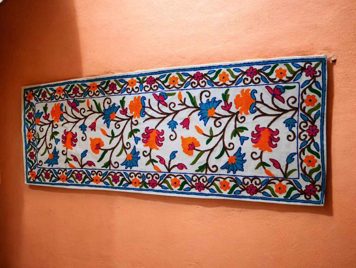 Kashmiri Crewel Embroidered Table Runner – Hand Embroidered Boho Table Decor or Wall Hanging