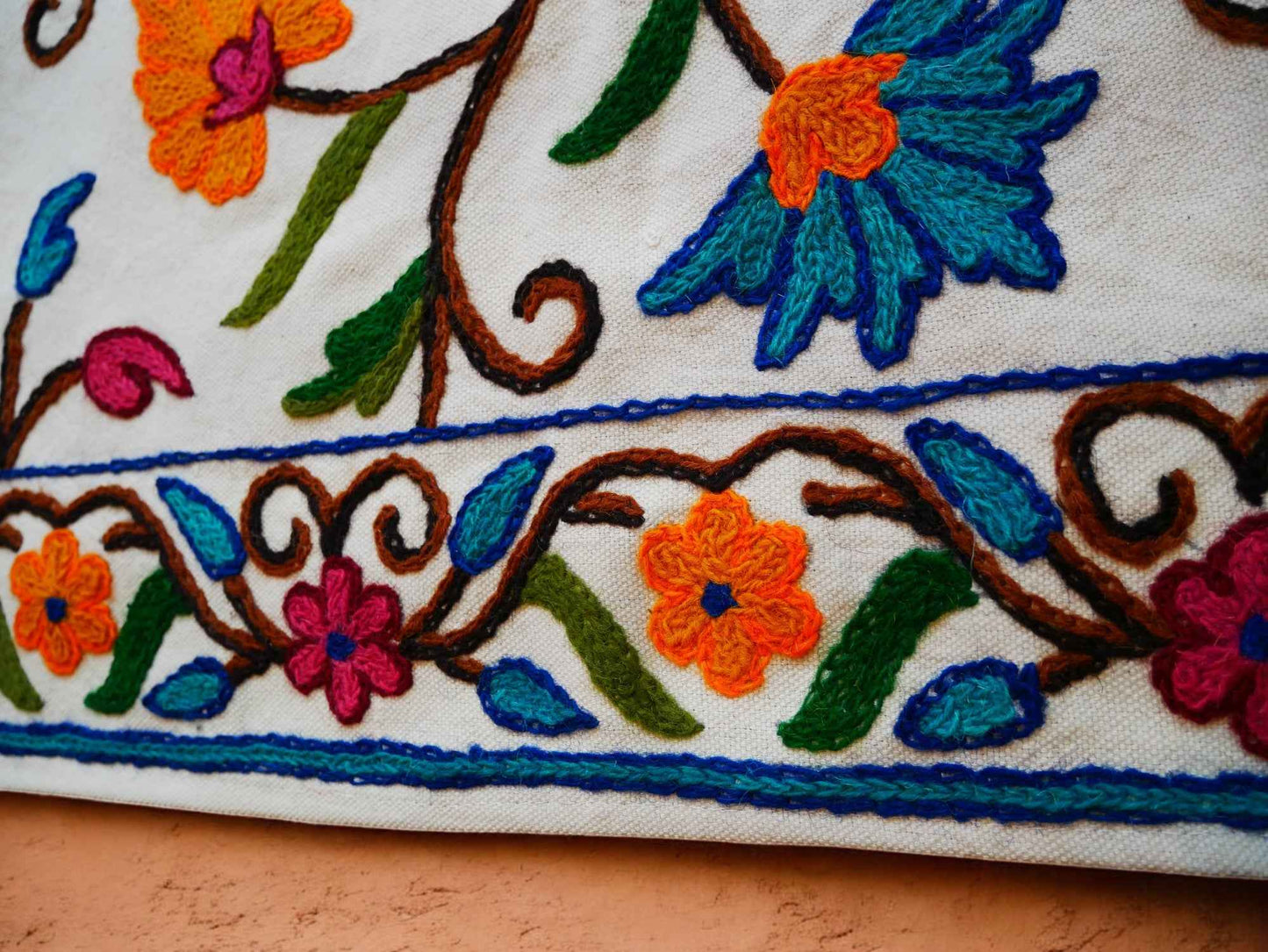 Kashmiri Crewel Embroidered Table Runner – Hand Embroidered Boho Table Decor or Wall Hanging