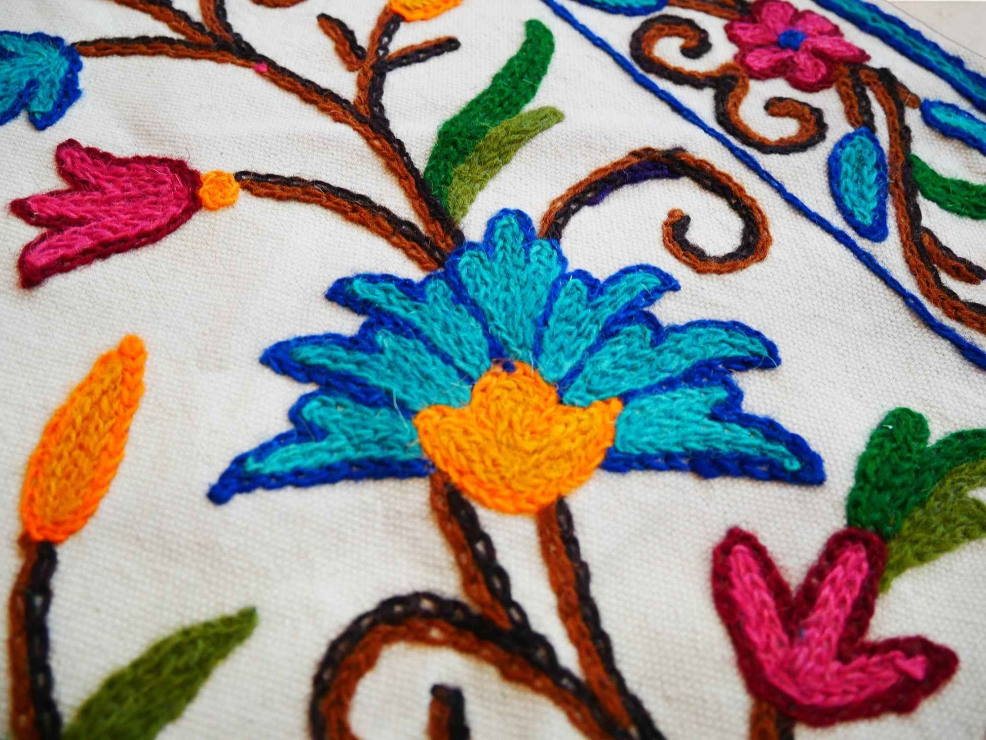 Kashmiri Crewel Embroidered Table Runner – Hand Embroidered Boho Table Decor or Wall Hanging