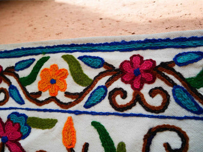 Kashmiri Crewel Embroidered Table Runner – Hand Embroidered Boho Table Decor or Wall Hanging