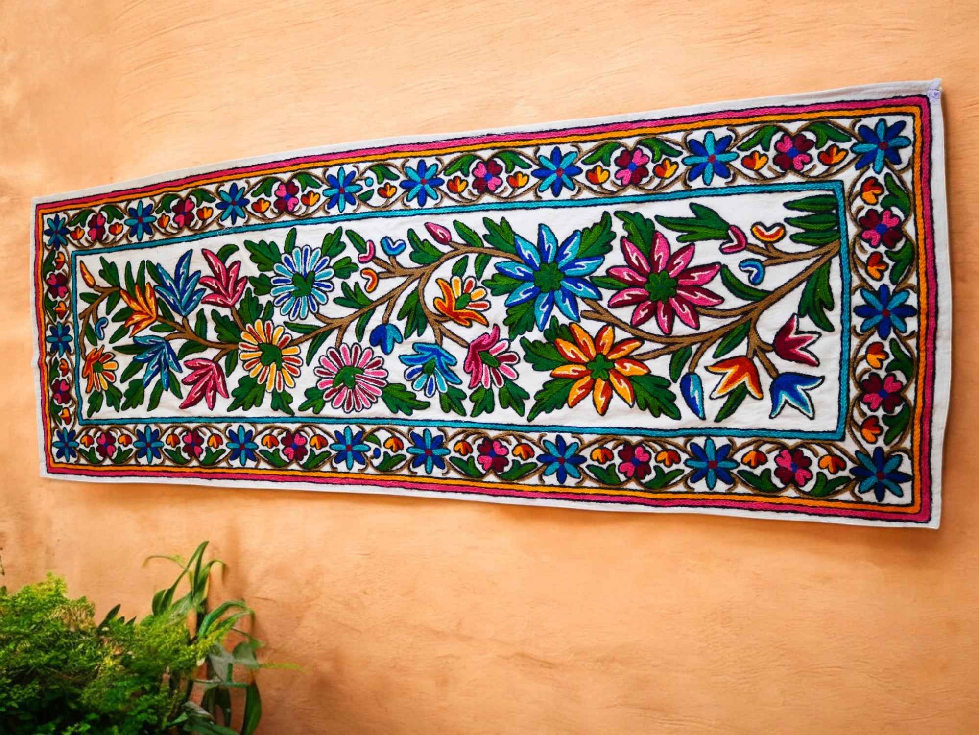 Kashmiri Crewel Embroidered Table Runner – Handmade Floral Table Decor with Traditional Crewel Embroidery