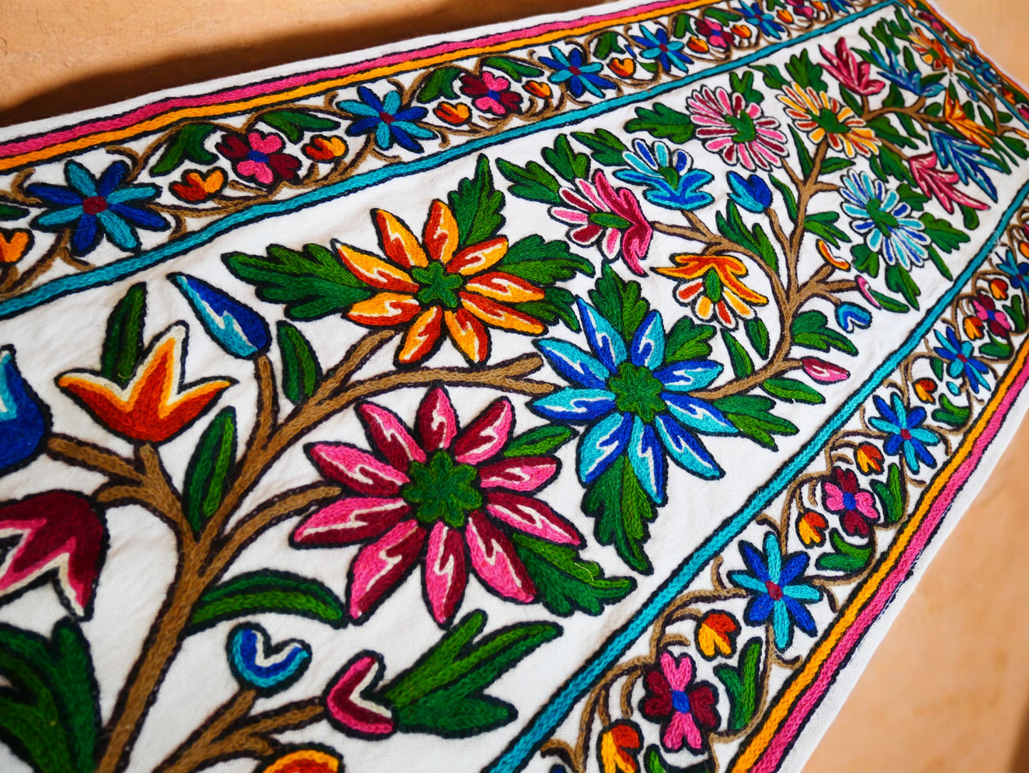 Kashmiri Crewel Embroidered Table Runner – Handmade Floral Table Decor with Traditional Crewel Embroidery