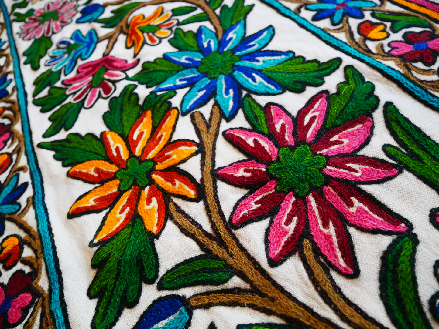 Kashmiri Crewel Embroidered Table Runner – Handmade Floral Table Decor with Traditional Crewel Embroidery