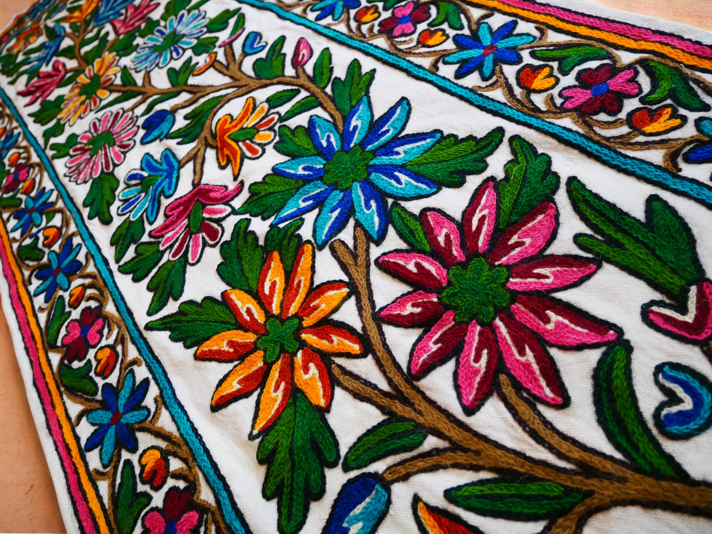 Kashmiri Crewel Embroidered Table Runner – Handmade Floral Table Decor with Traditional Crewel Embroidery