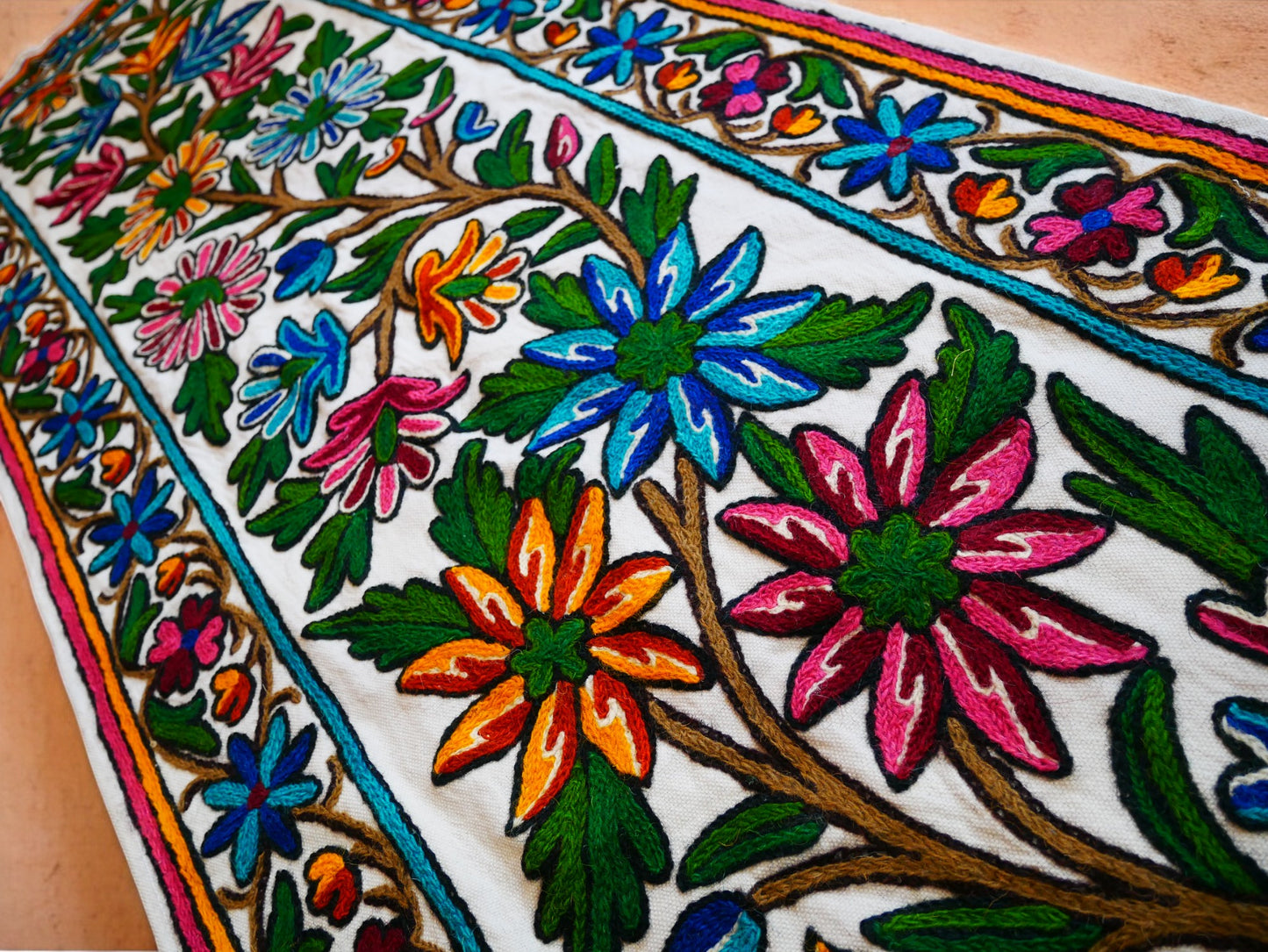 Kashmiri Crewel Embroidered Table Runner – Handmade Floral Table Decor with Traditional Crewel Embroidery