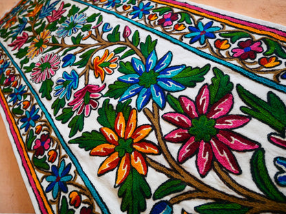 Kashmiri Crewel Embroidered Table Runner – Handmade Floral Table Decor with Traditional Crewel Embroidery
