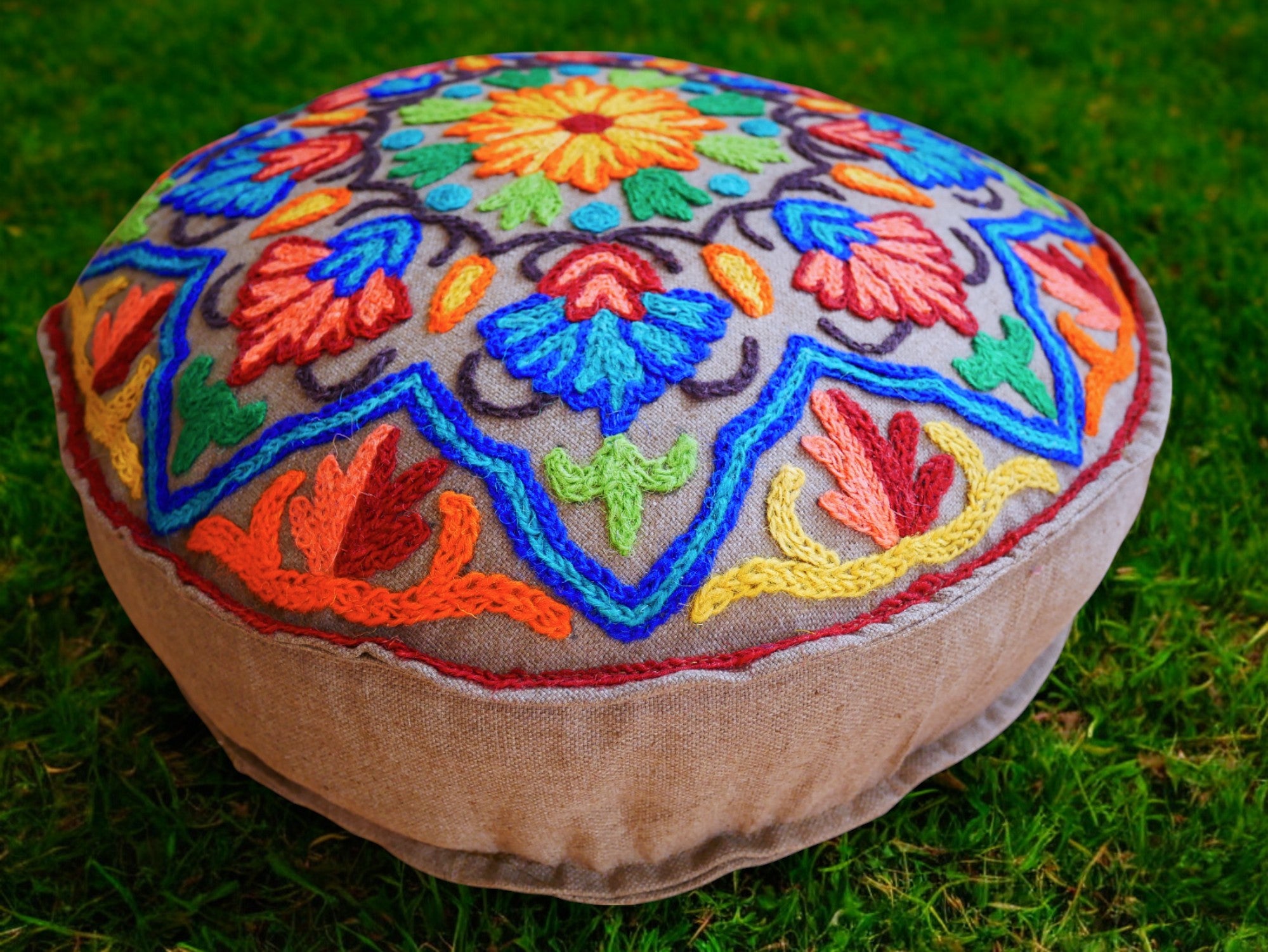 Kashmiri Meditation cushion Embroidery floor pillow cover, Hand embroidered flower Mandala - boho hippie floor seating | Cover only
