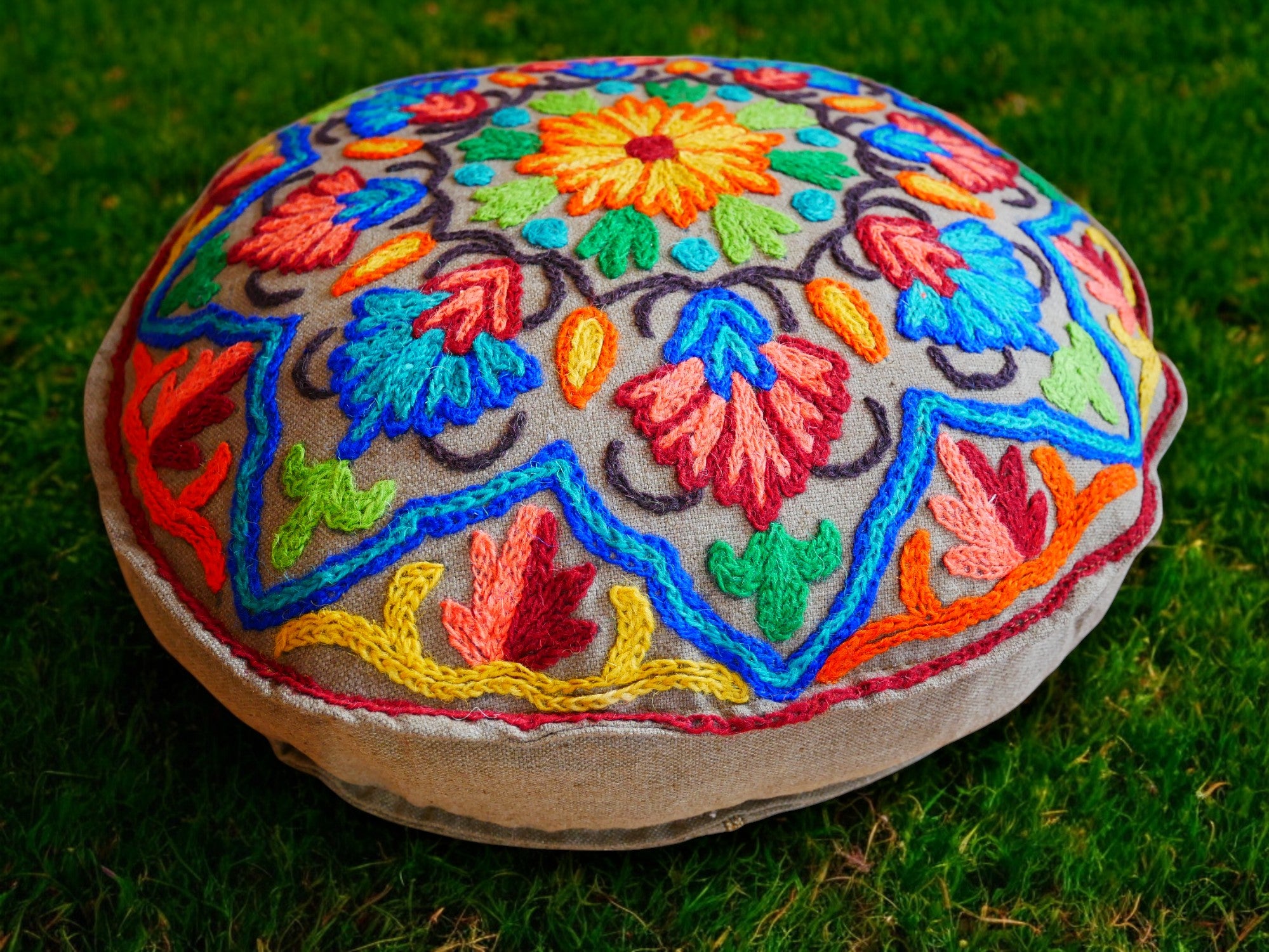 Kashmiri Meditation cushion Embroidery floor pillow cover, Hand embroidered flower Mandala - boho hippie floor seating | Cover only