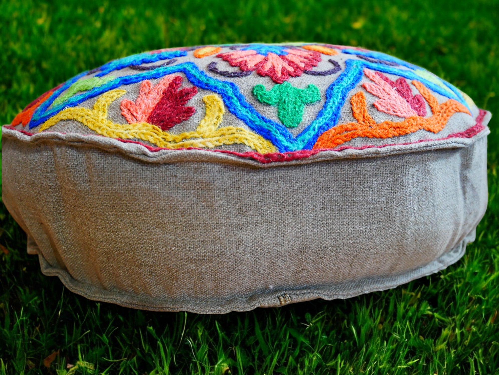 Kashmiri Meditation cushion Embroidery floor pillow cover, Hand embroidered flower Mandala - boho hippie floor seating | Cover only