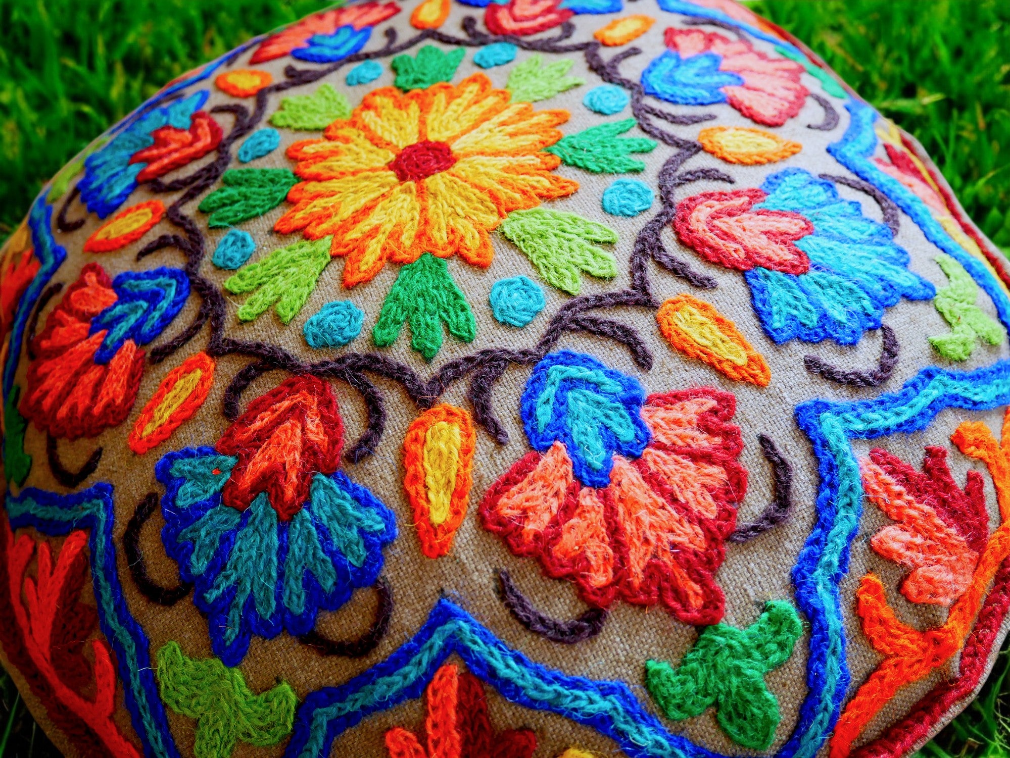 Kashmiri Meditation cushion Embroidery floor pillow cover, Hand embroidered flower Mandala - boho hippie floor seating | Cover only