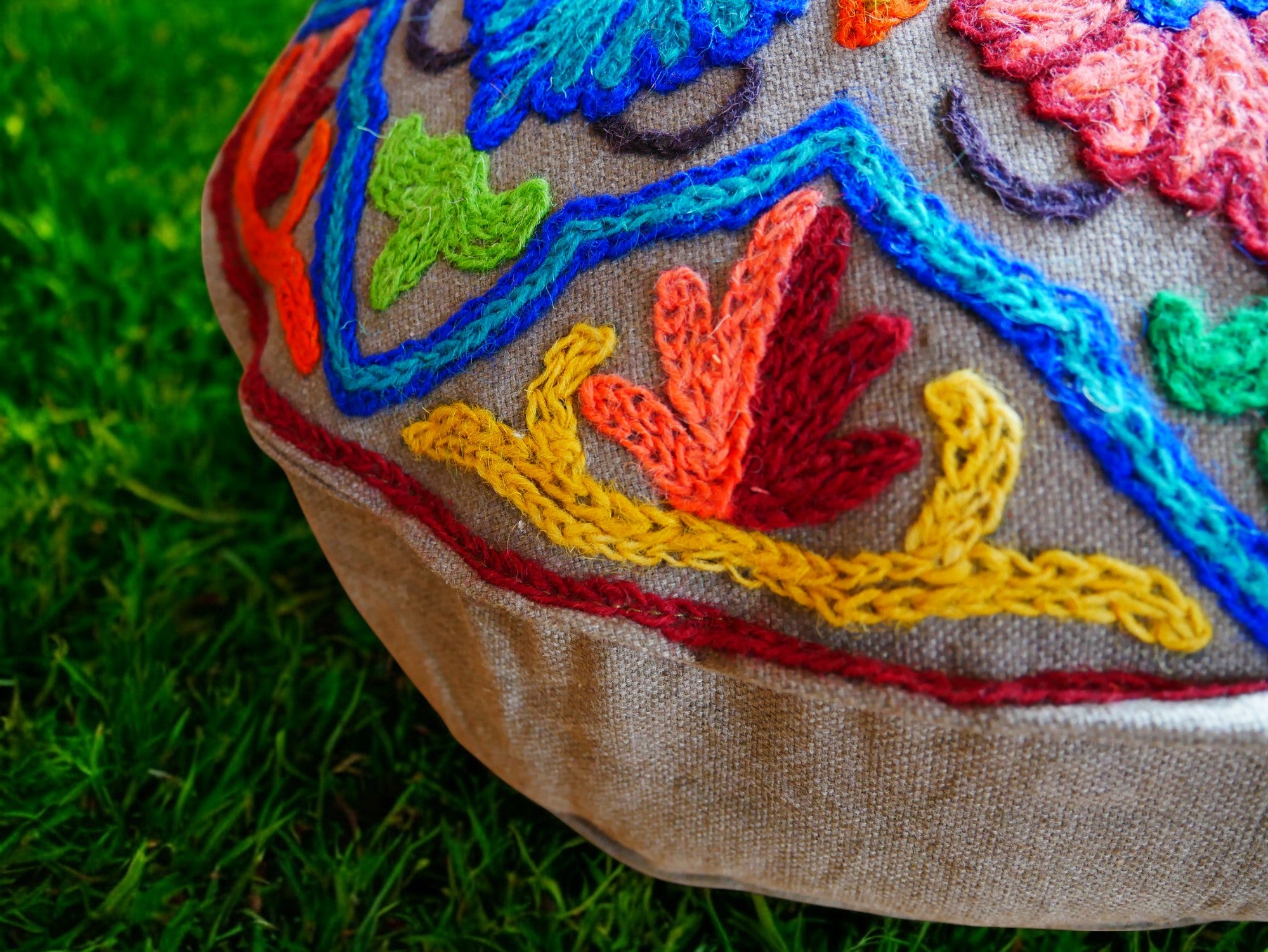 Kashmiri Meditation cushion Embroidery floor pillow cover, Hand embroidered flower Mandala - boho hippie floor seating | Cover only
