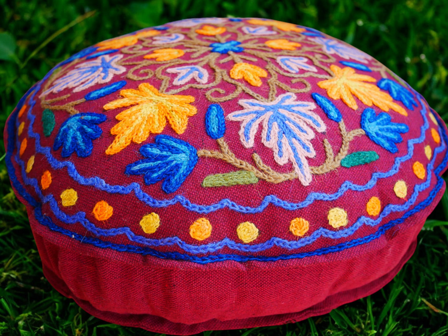 Kashmiri Meditation cushion Embroidery floor pillow cover, Hand embroidered flower Mandala - boho hippie floor seating | Cover only