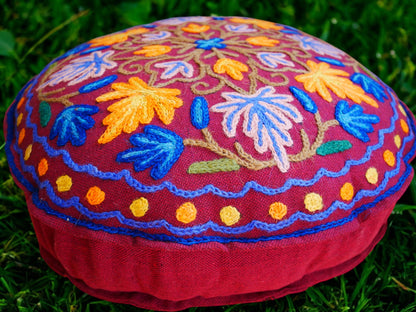Kashmiri Meditation cushion Embroidery floor pillow cover, Hand embroidered flower Mandala - boho hippie floor seating | Cover only