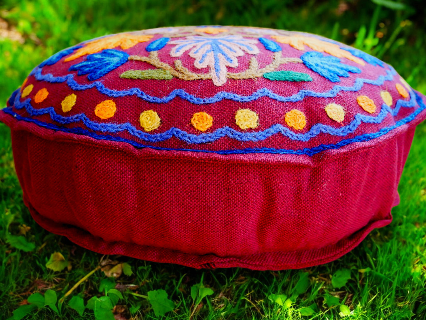 Kashmiri Meditation cushion Embroidery floor pillow cover, Hand embroidered flower Mandala - boho hippie floor seating | Cover only