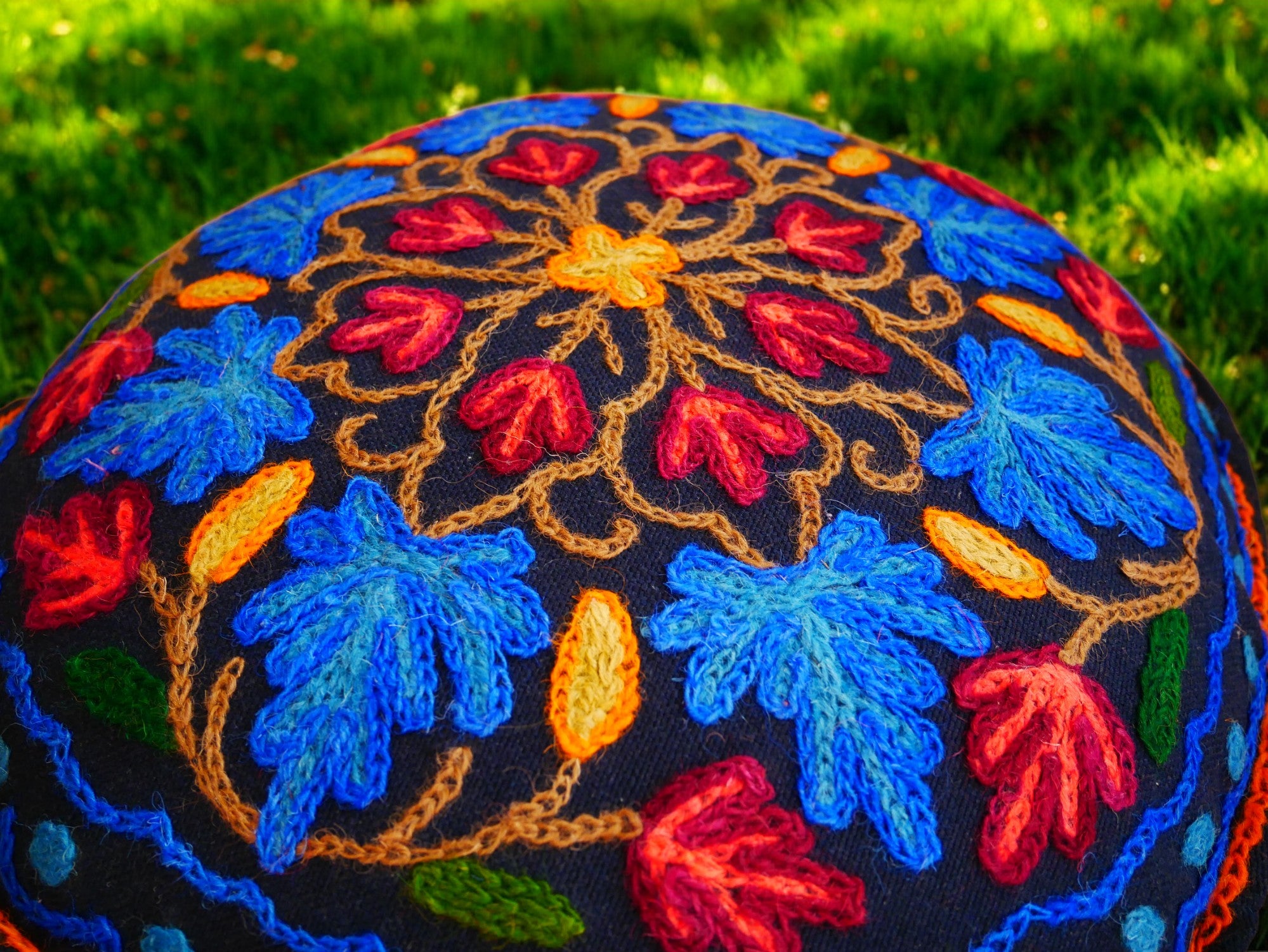 Kashmiri Meditation cushion Embroidery floor pillow cover, Hand embroidered flower Mandala - boho hippie floor seating | Cover only