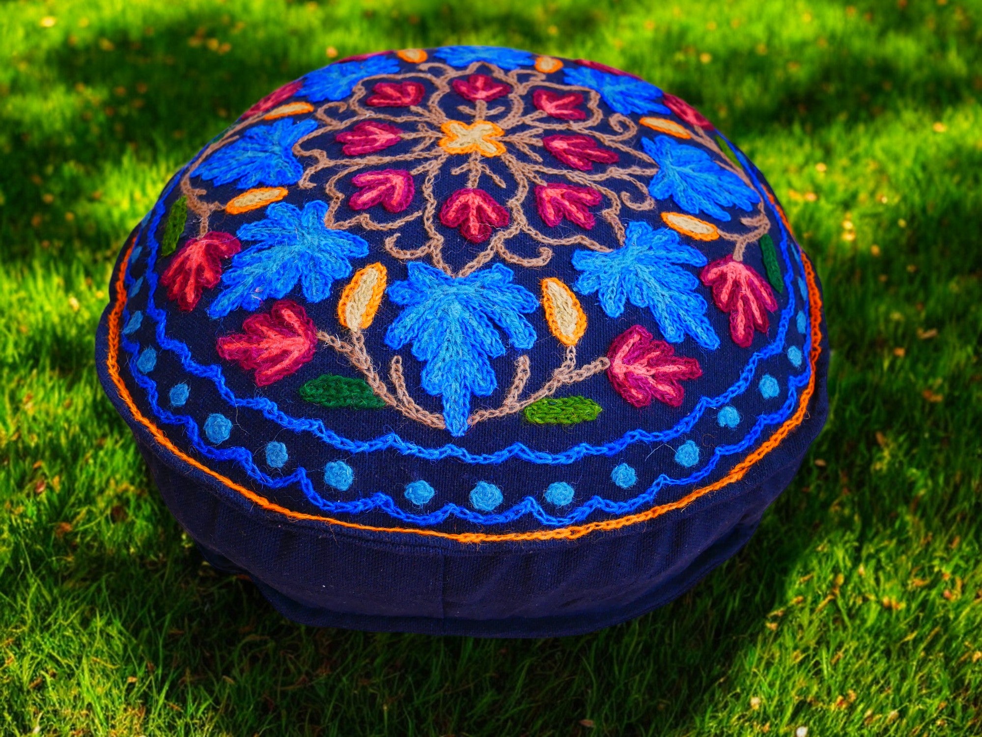 Kashmiri Meditation cushion Embroidery floor pillow cover, Hand embroidered flower Mandala - boho hippie floor seating | Cover only