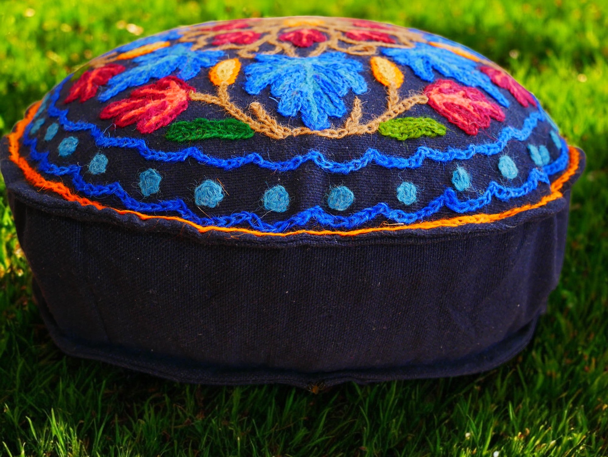 Kashmiri Meditation cushion Embroidery floor pillow cover, Hand embroidered flower Mandala - boho hippie floor seating | Cover only