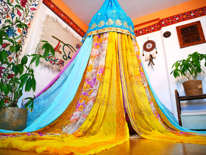 Boho canopy Saree tent - bed canopy  | bohemian wedding backdrop - Hippie decor - floor seating area | meditation room - Shanti baldachin