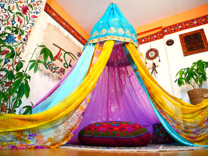Boho canopy Saree tent - bed canopy  | bohemian wedding backdrop - Hippie decor - floor seating area | meditation room - Shanti baldachin