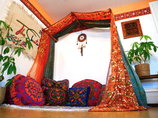 Princess bed canopy - custom made saree canopy frame with handcrafted walnut wood rods | bed curtains - meditation space